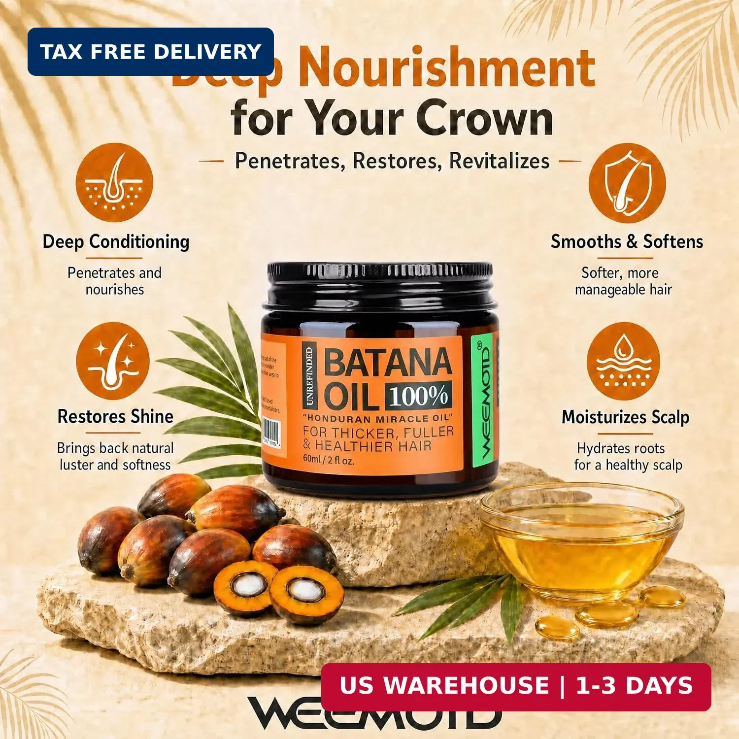 WEEMOTD 100% Raw Batana Oil for Hair from Honduras, 2 Fl Oz, Bright Coffee | Moi