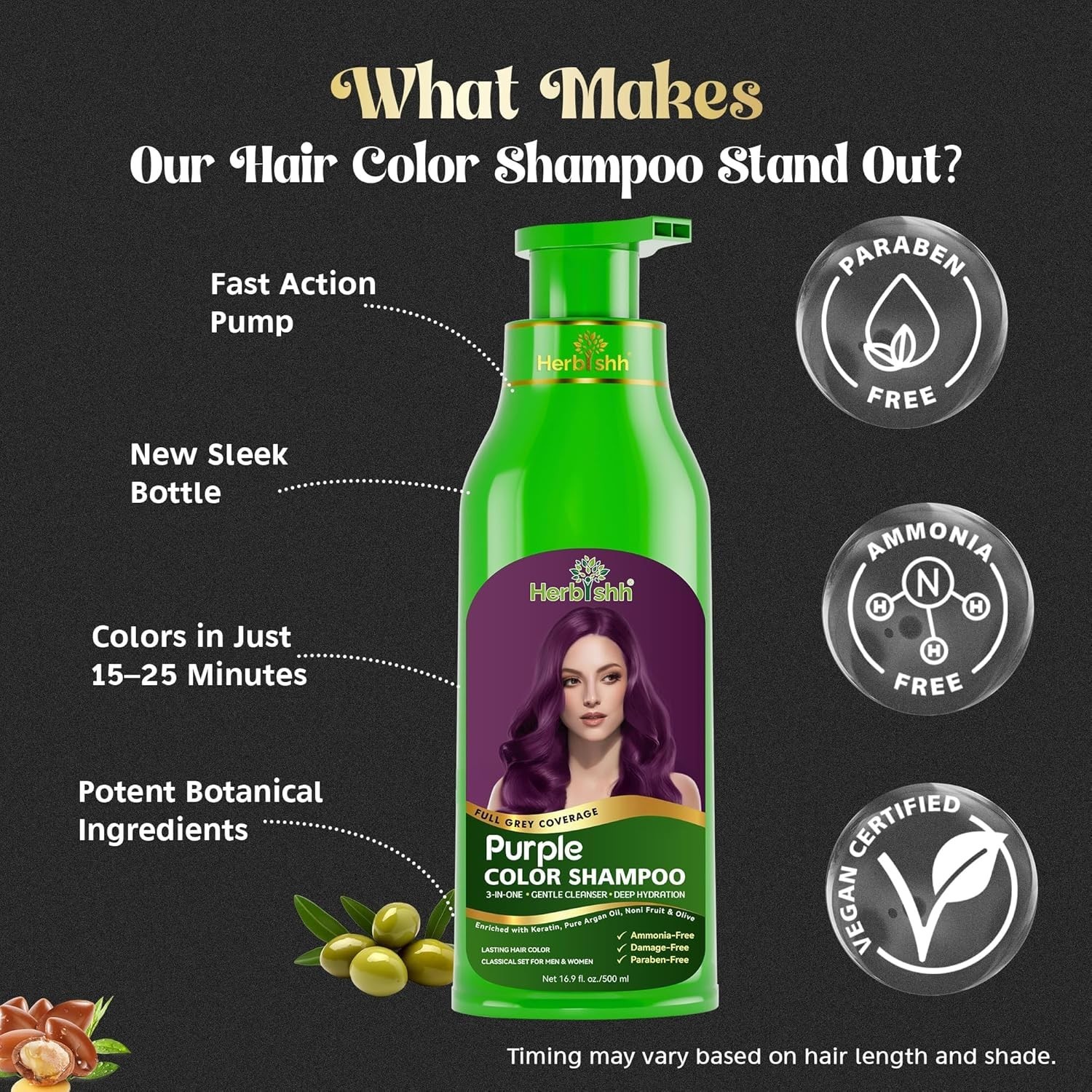 Herbishh Hair Color Shampoo Gray Hair 3-in-1 Ammonia-Free 500ml All Shades