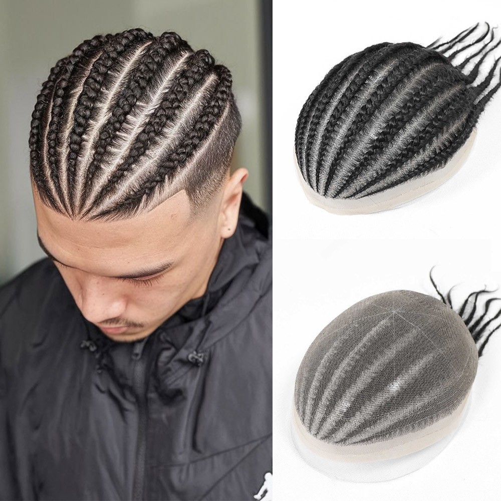 Cornrow Box Braided Afro Toupee Black Men Full Lace Human Hair Systems Male Unit