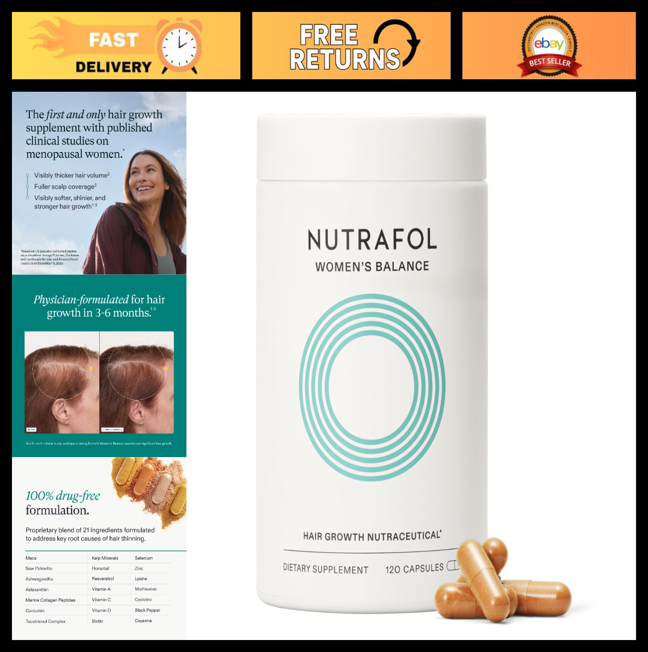 Women’s Hair Growth Supplements for Thicker Hair & Scalp Coverage, Age 45+, 1-Mo