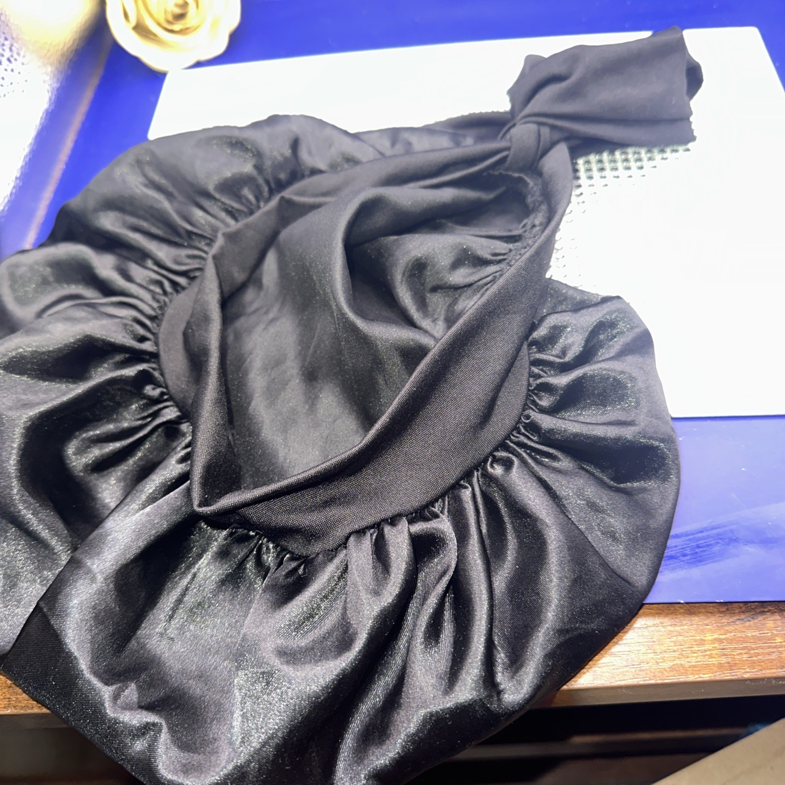 Black Satin Hair Bonnet Chemo Adult M/L, Sleep Cap Worn Twice!