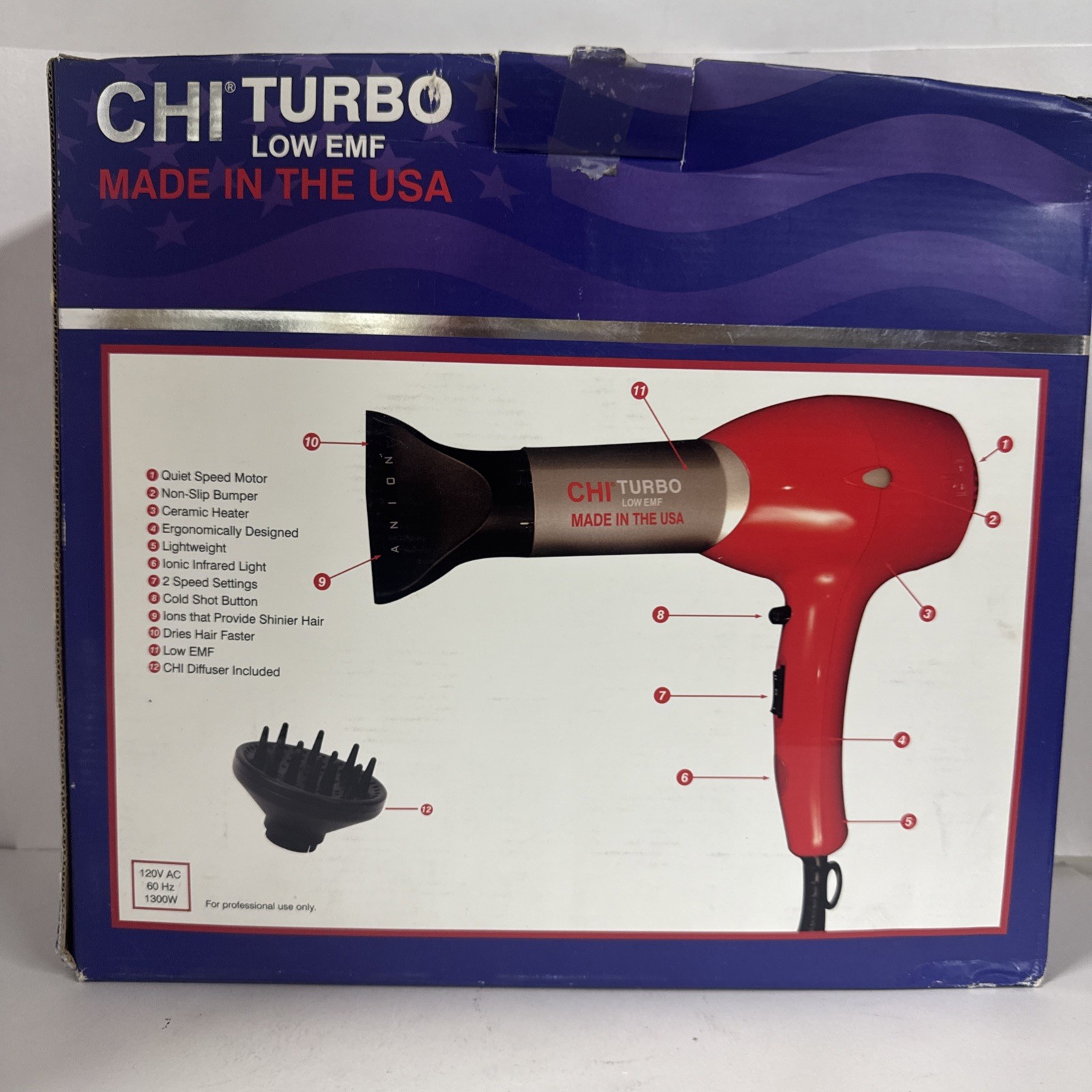 Chi Turbo Low EMF made in USA 1300 W Hair dryer with Attachments and Box