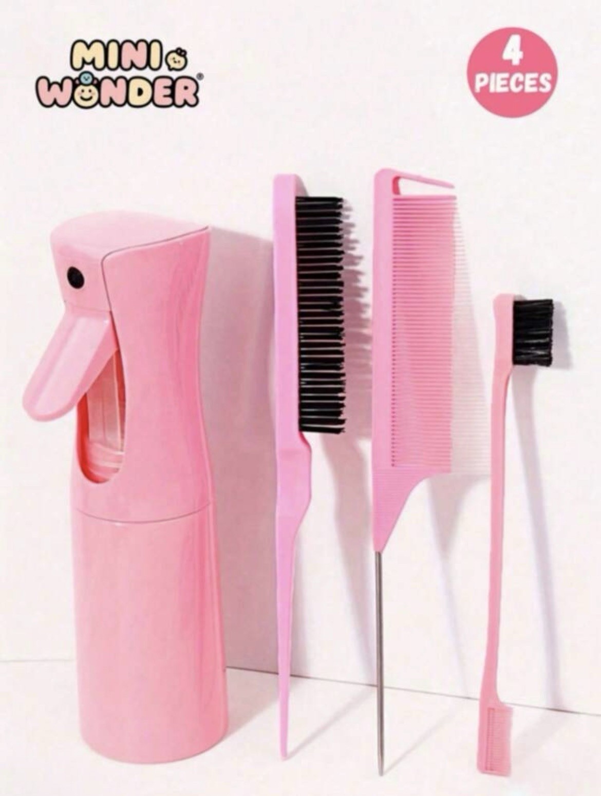 Mini Wonder 4-Piece Pink/Black Hair Styling Set w/ Spray Bottle Rat Tail Comb