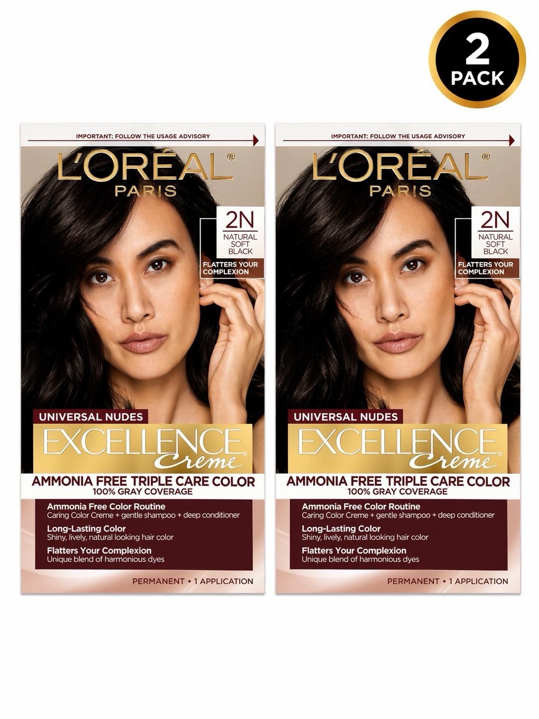 (2 Pack) L’Oreal Excellence Creme 2N Natural Soft Black (Packaging May Vary) M24