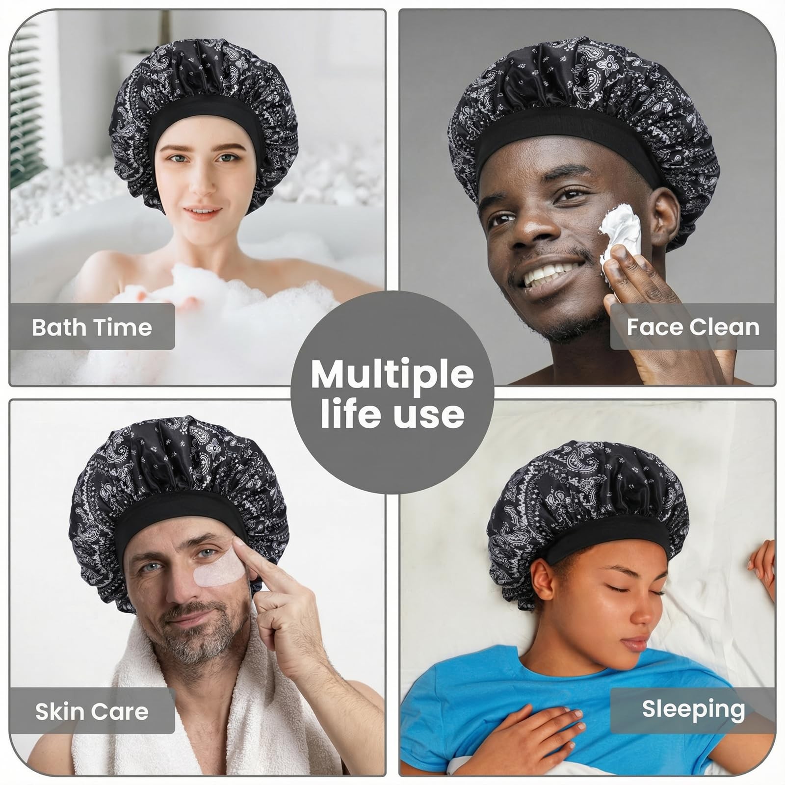 WLLHYF Silk Bonnet for Men, Satin Elastic Band One Size, Amoeba Black
