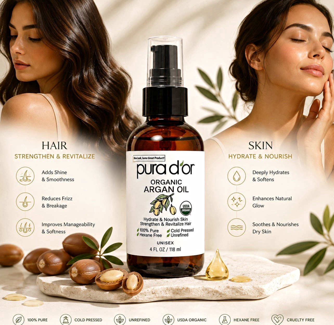 Pura d’or Organic Argan Oil Cold Pressed Unrefined Hexane Free 4 fl oz