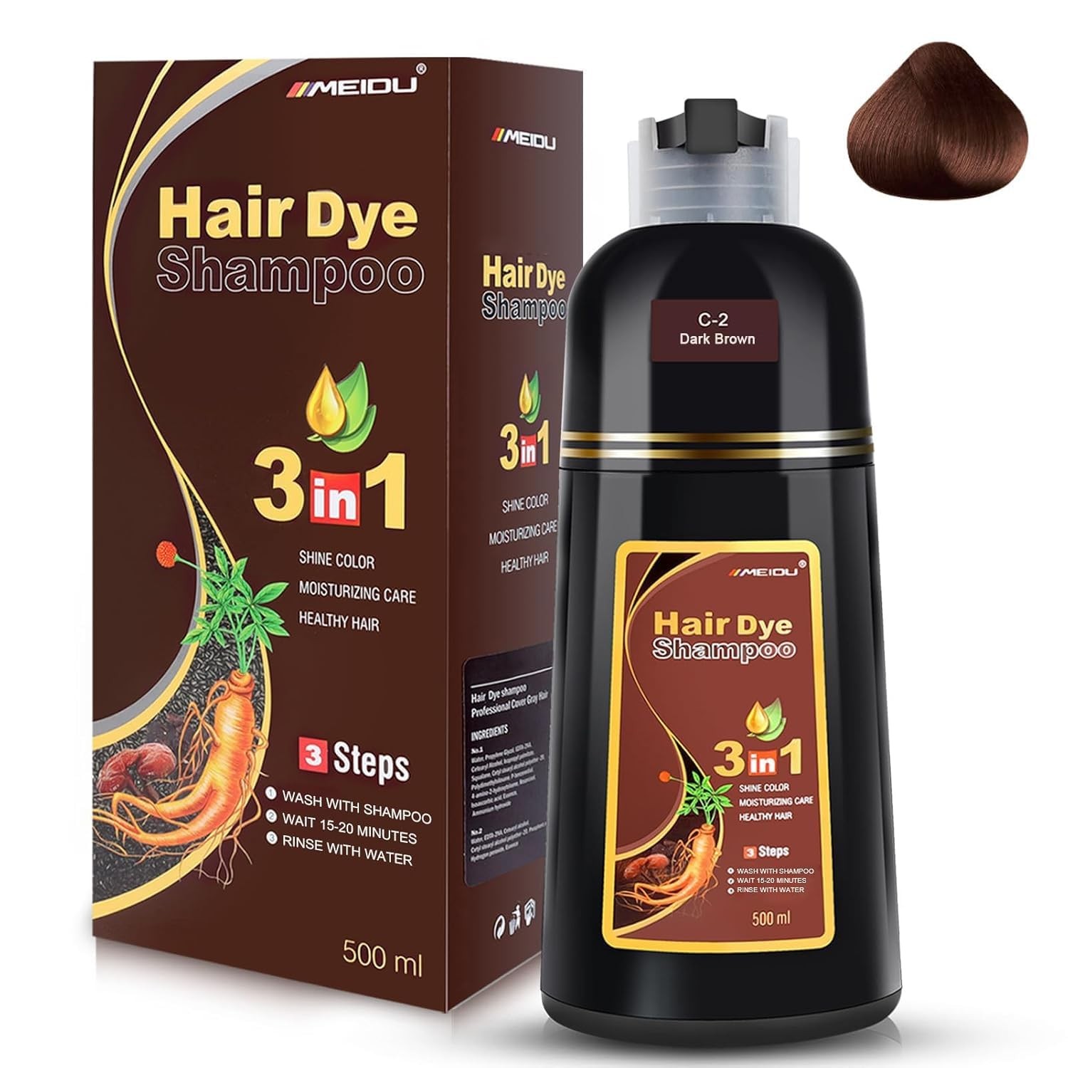 3 in 1 Hair Dye Shampoo 500ml Dark Brown Hair Color Shampoo Instant Hair Dye