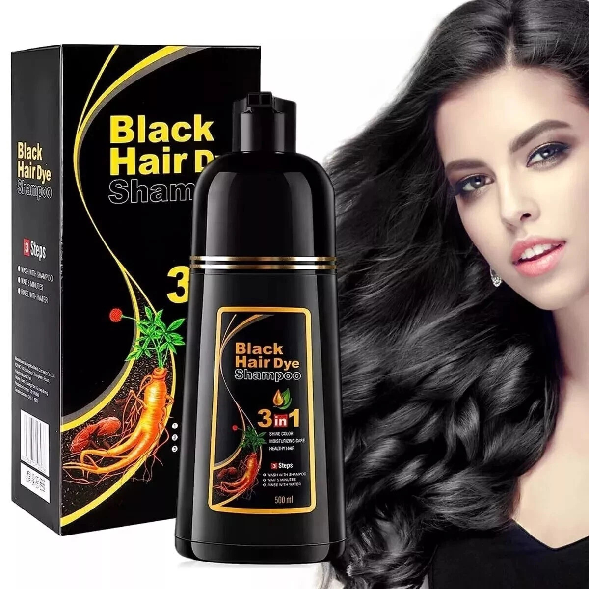 3 in 1 Hair Dye Shampoo Instant Color Herbal Ingredients Black/Dark Brown 500ml