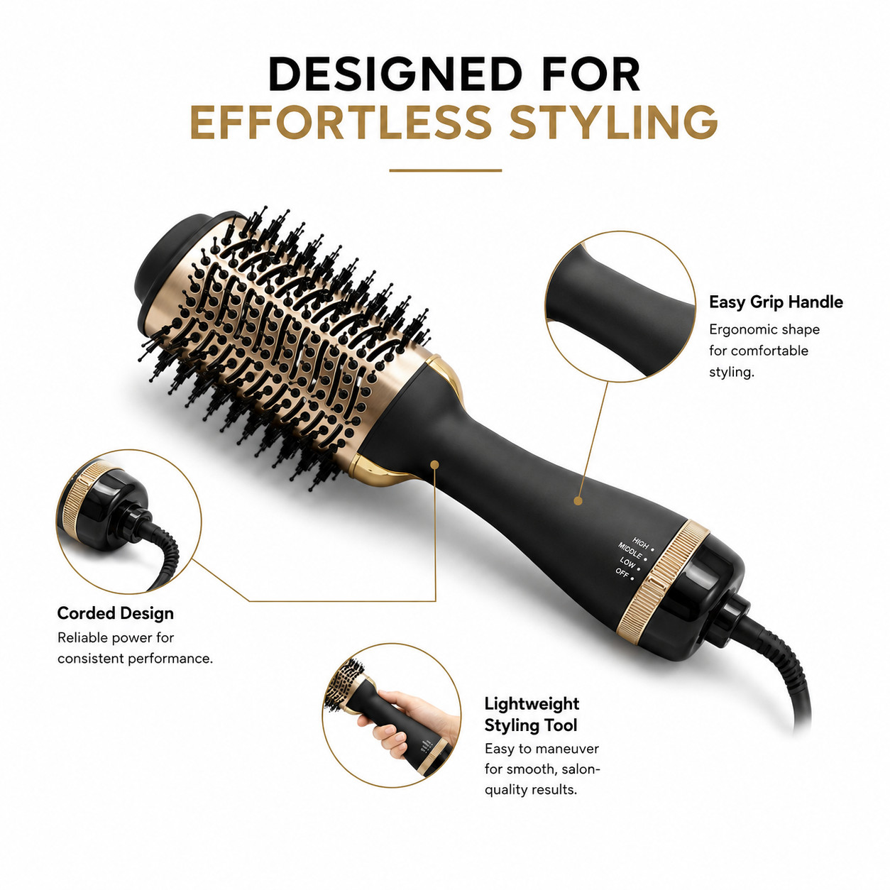 Hot Air Brush Hair Dryer 4-in-1 Volumizer Straightener Blowout Styler Oval, Gold