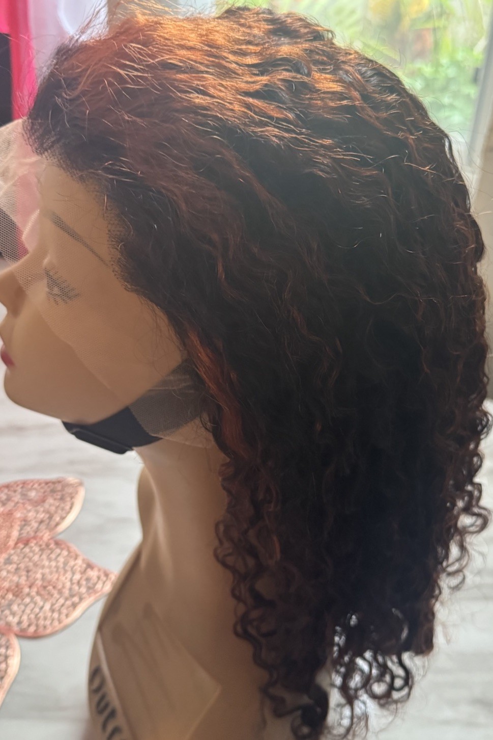 Lace Front Curly Human Hair Wig Dark Brown/Auburn Free-Part 11-20 in