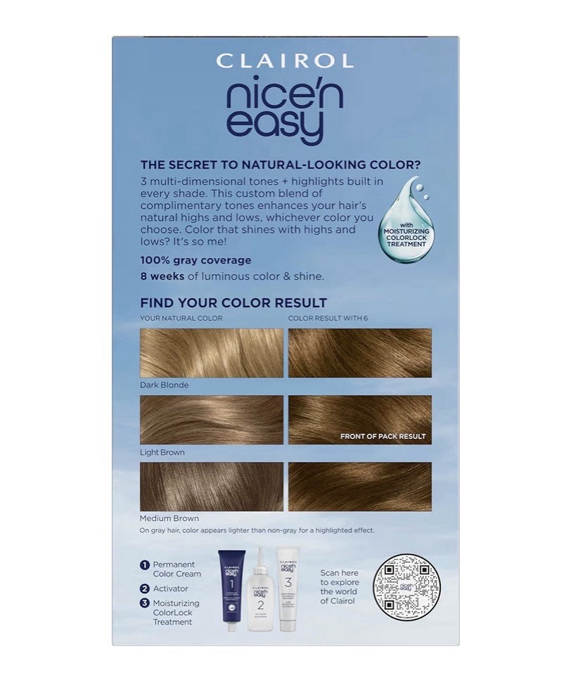 Clairol Nice’n Easy Permanent Hair Dye 6 Light Brown, Cream, Gray Coverage