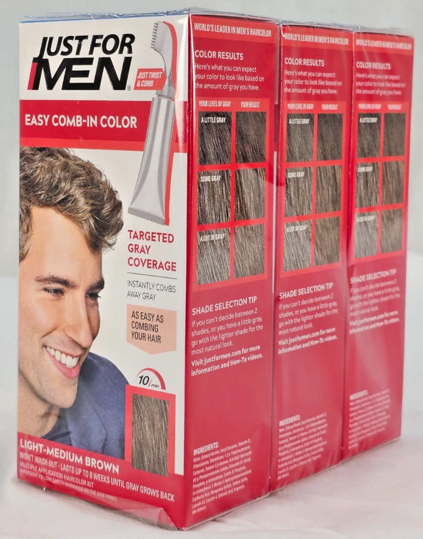 3 PACK – Just For Men A-30 – Comb In Hair Color LIGHT-MEDIUM BROWN w/ Applicator