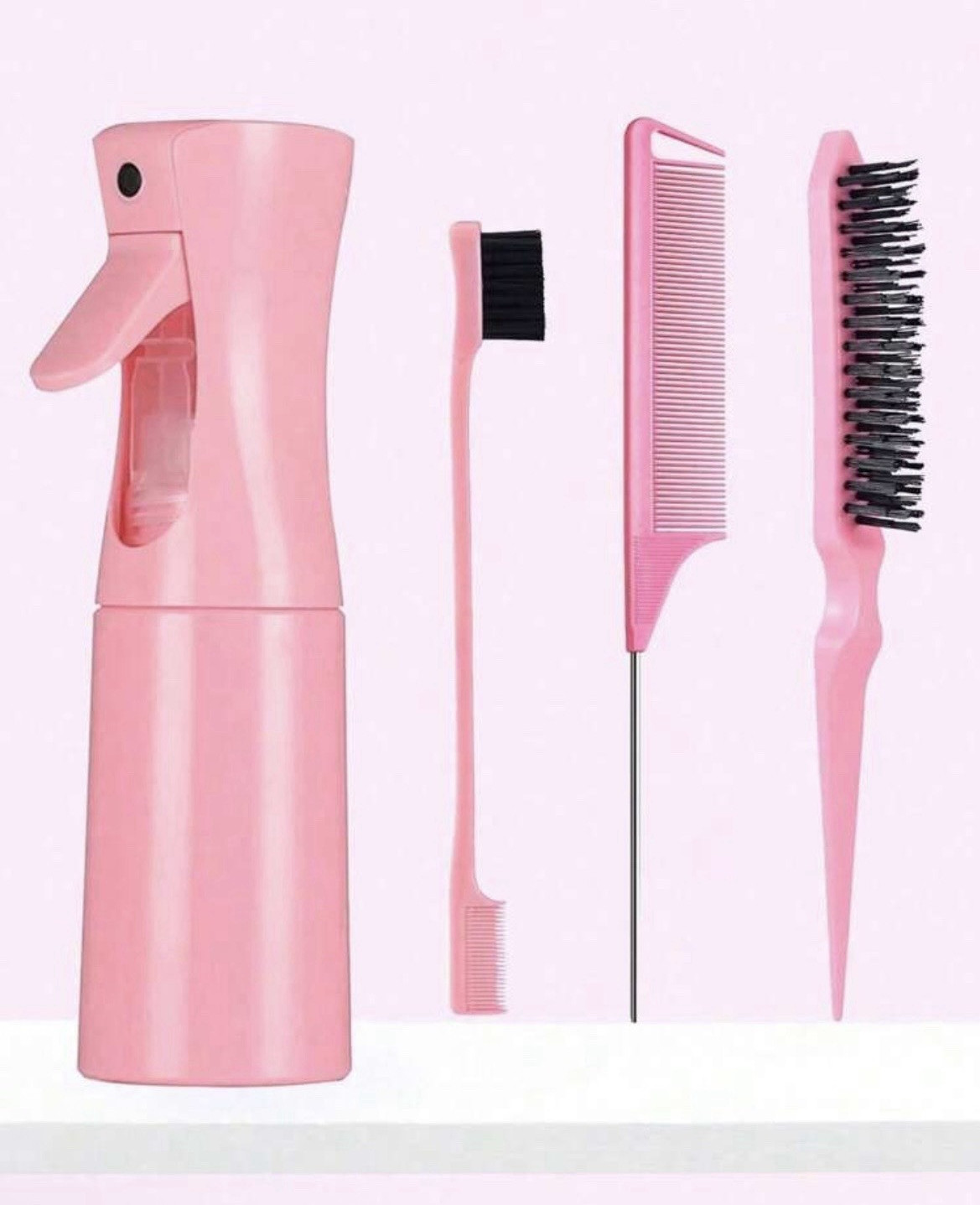 Mini Wonder 4-Piece Pink/Black Hair Styling Set w/ Spray Bottle Rat Tail Comb