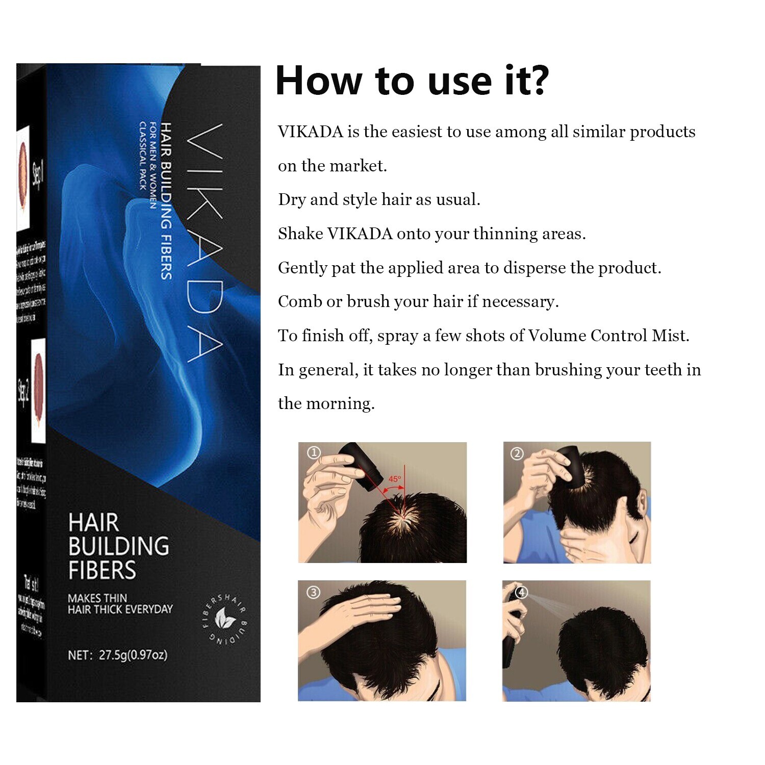 VIKADA Hair Fibers Hair Thickening Fibers Keratin Powder Hair Building 27.5g