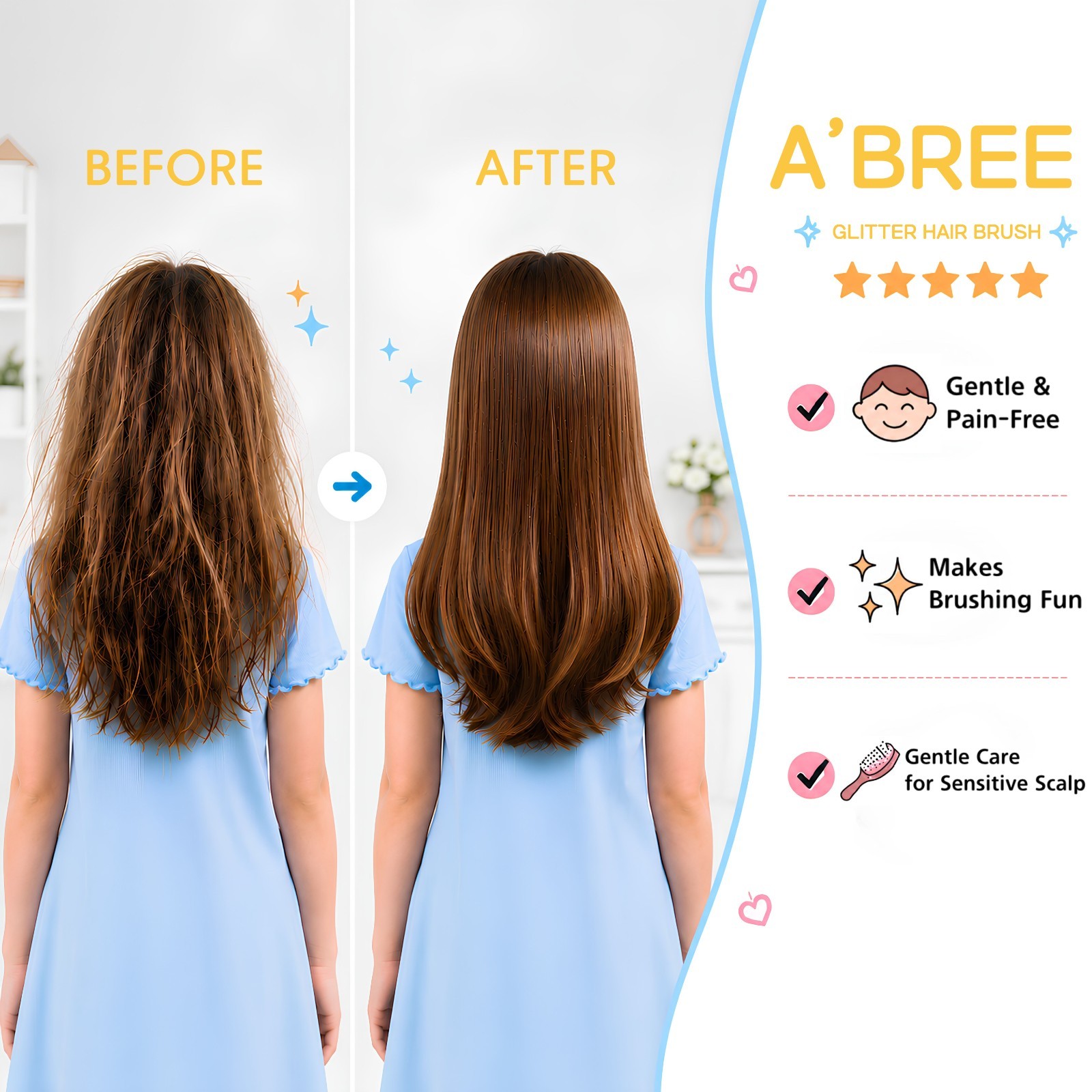 A’BREE Mini Glitter Detangling Hair Brush for Kids Girls Women_Sunny Yellow