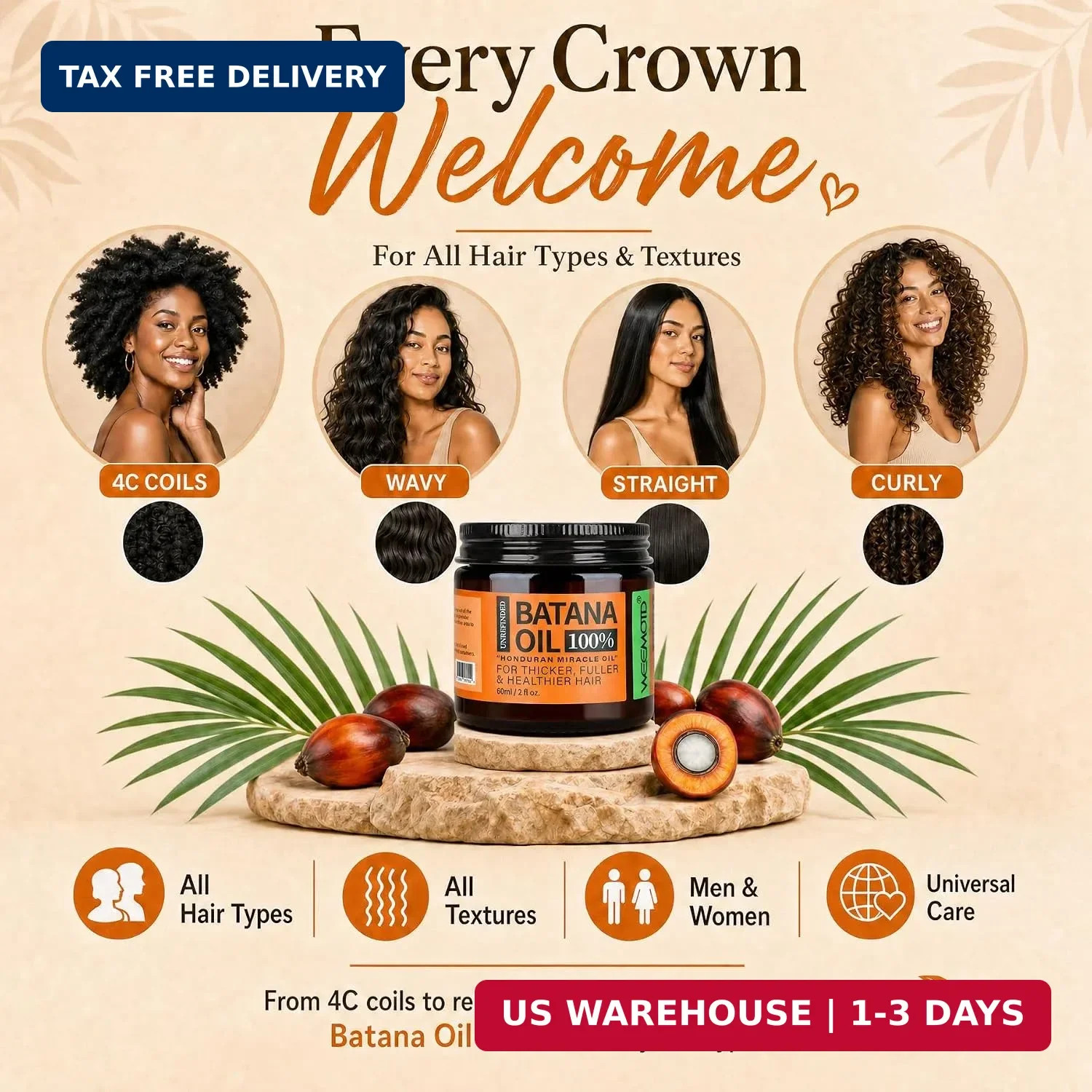 WEEMOTD 100% Raw Batana Oil for Hair from Honduras, 2 Fl Oz, Bright Coffee | Moi