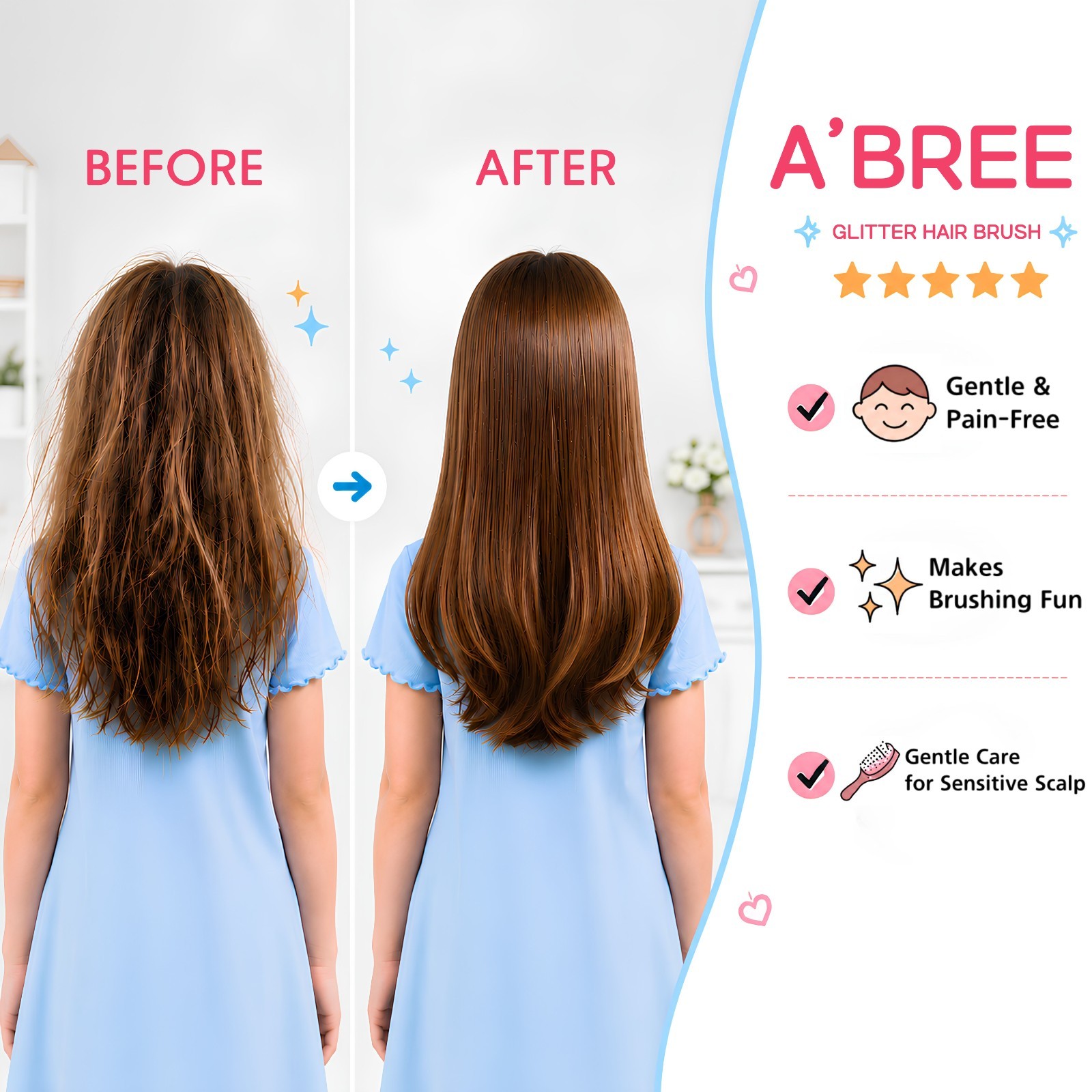 A’BREE Mini Glitter Detangling Hair Brush for Kids Girls Women_Ruby Red