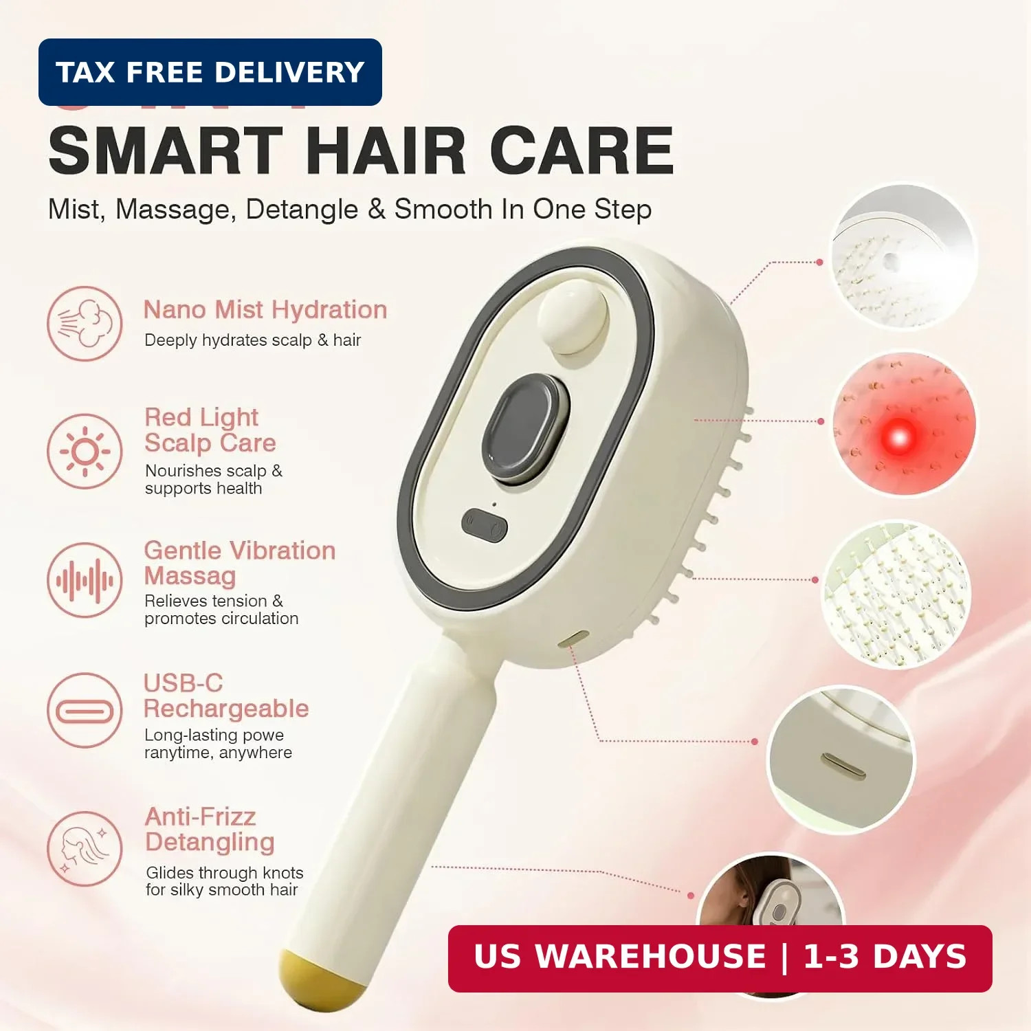 3-In-1 Electric Spray Air Cushion Massage Comb,Rechargeable Misting Hair Brush W
