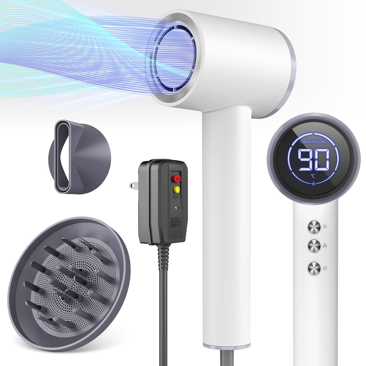 High-Speed Hair Dryer With Diffuser Negative Ions Magnetic Nozzle LED Display