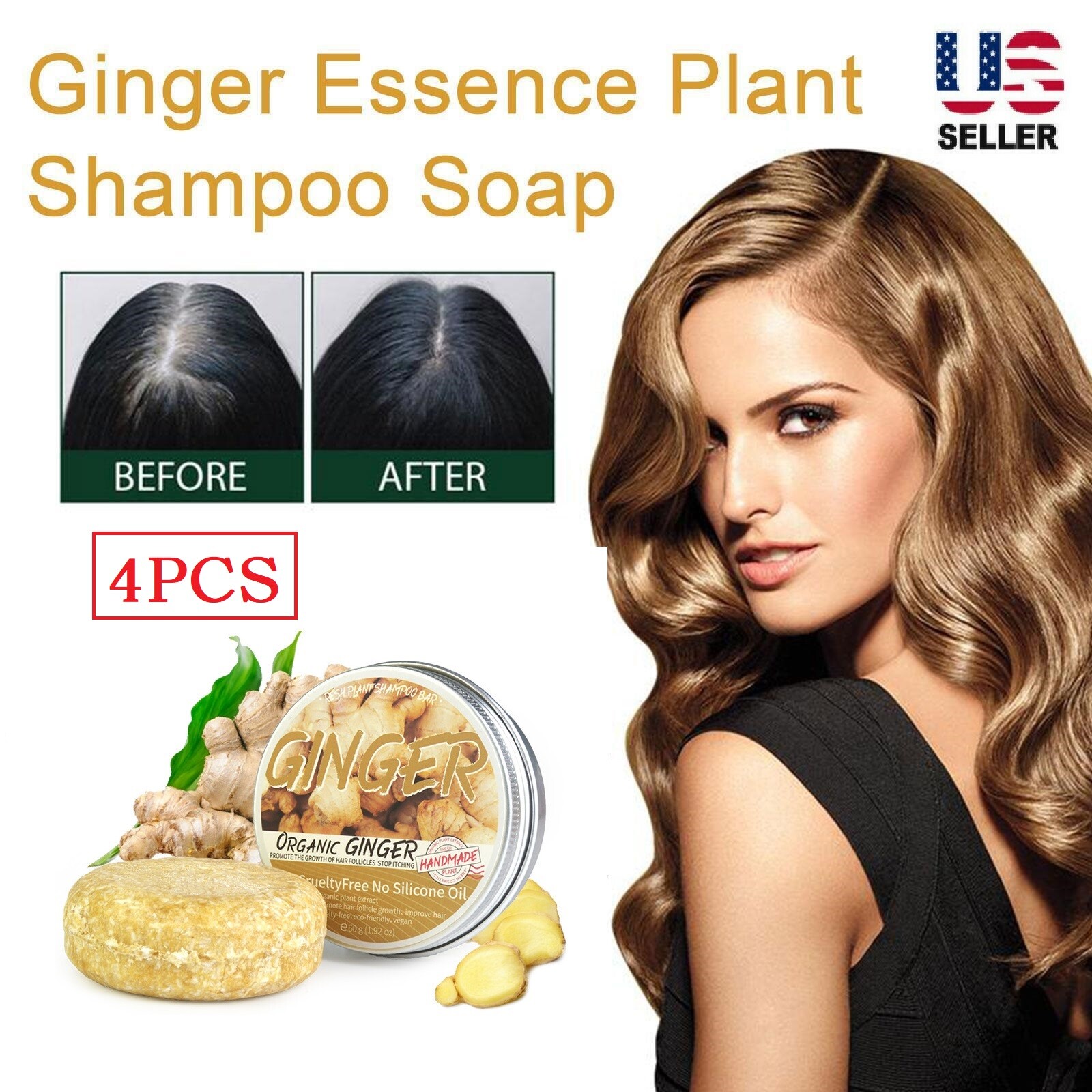 4× Ginger Hair Regrowth Shampoo Bar Rosemary Oil Hair Growth Soap Anti Hair Loss