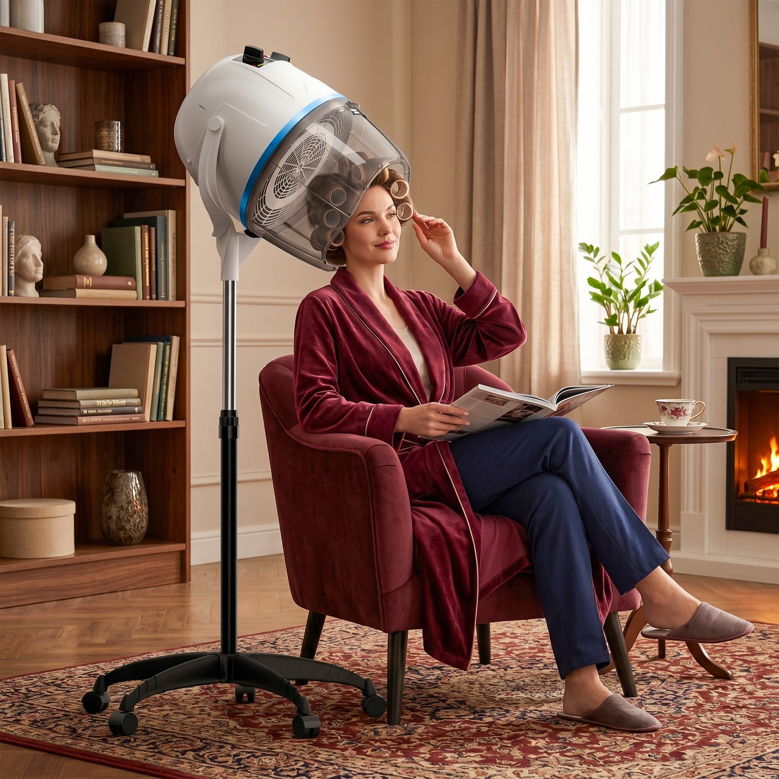 Stand Up Hair Dryer 1300W Adjustable Floor Hooded Bonnet Hair Dryer Wheel White