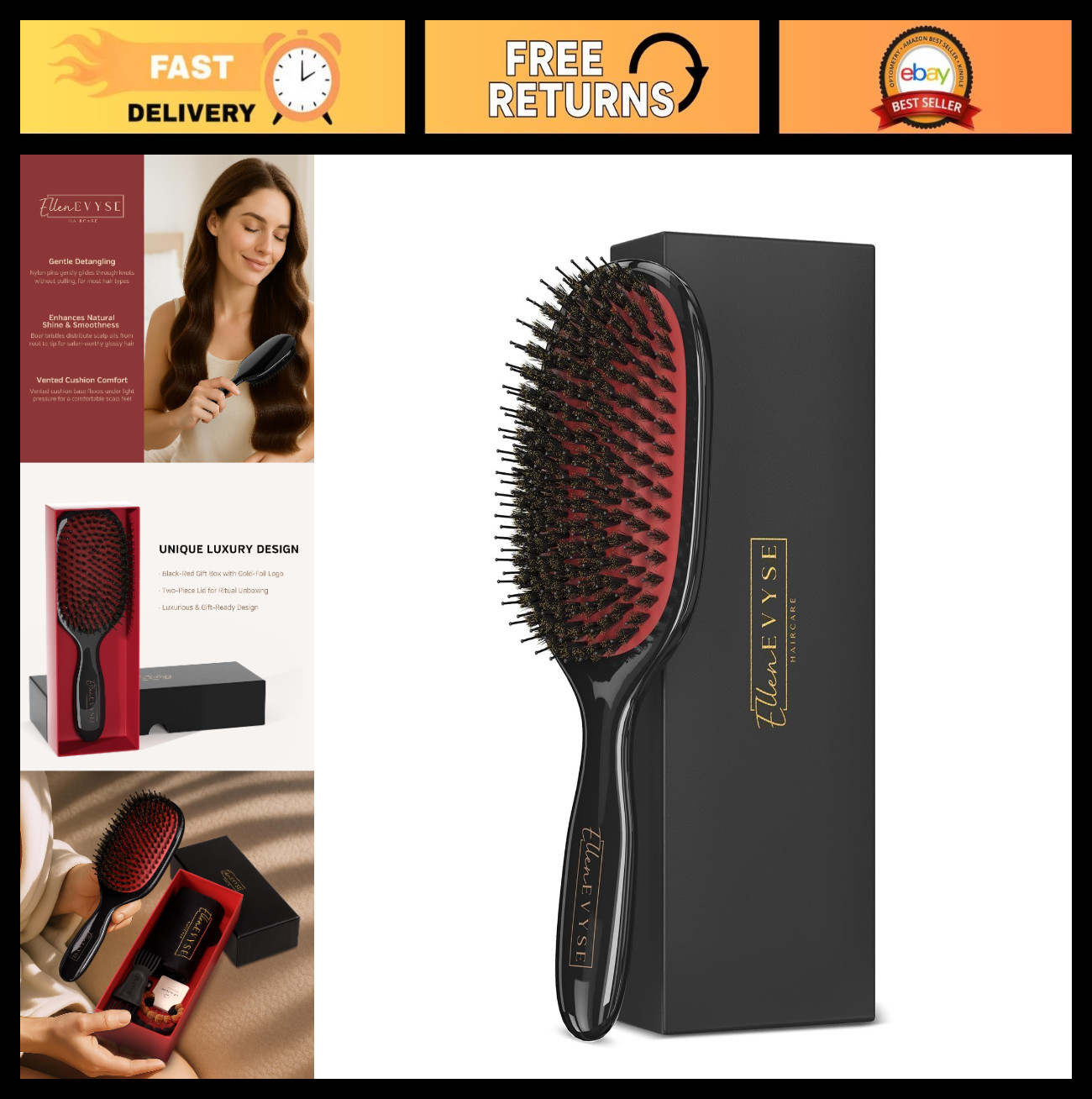 Detangling Boar Bristle Hair Brush | Soft Bristles for Shine & Smoothing | Unise