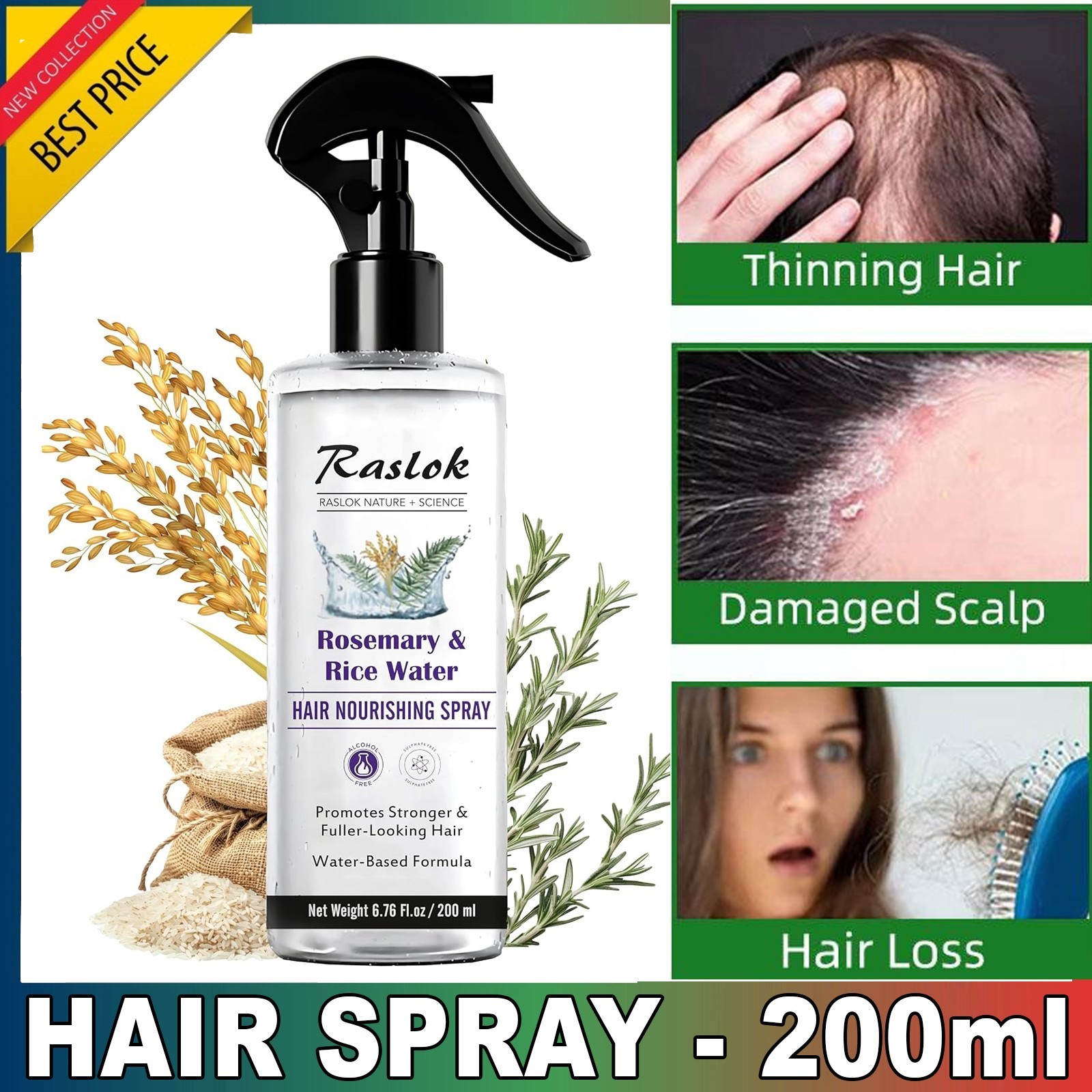 Rosemary Rice Water Spray For Hair Growth, Thickening Roots, Scalp Care – 200ml