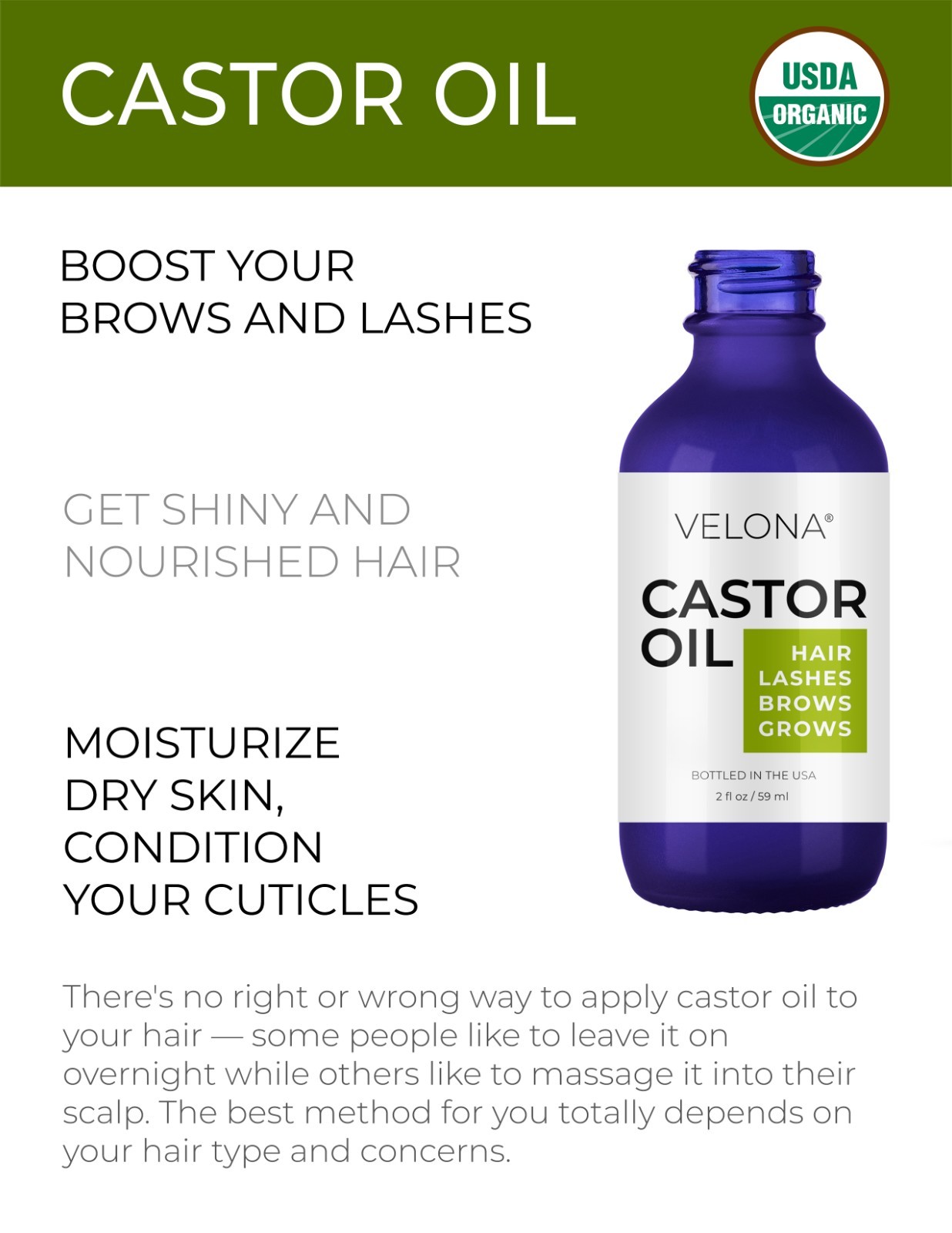 Velona USDA Certified Organic Castor Oil – 2 oz Eyelashes Eyebrows Cold Pressed