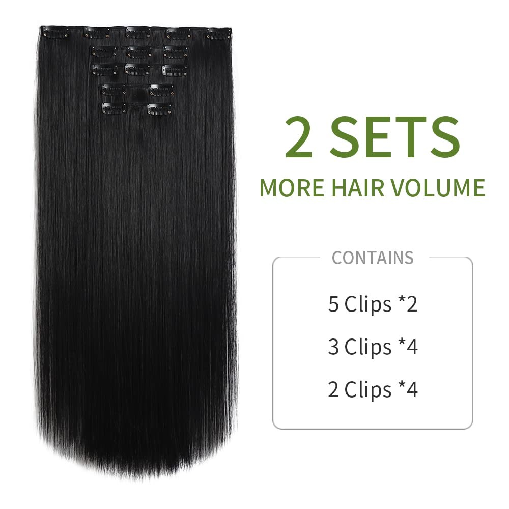 HSPJHTM Black Hair Extension 22″ Straight 2 Sets 5 PCS Clip In