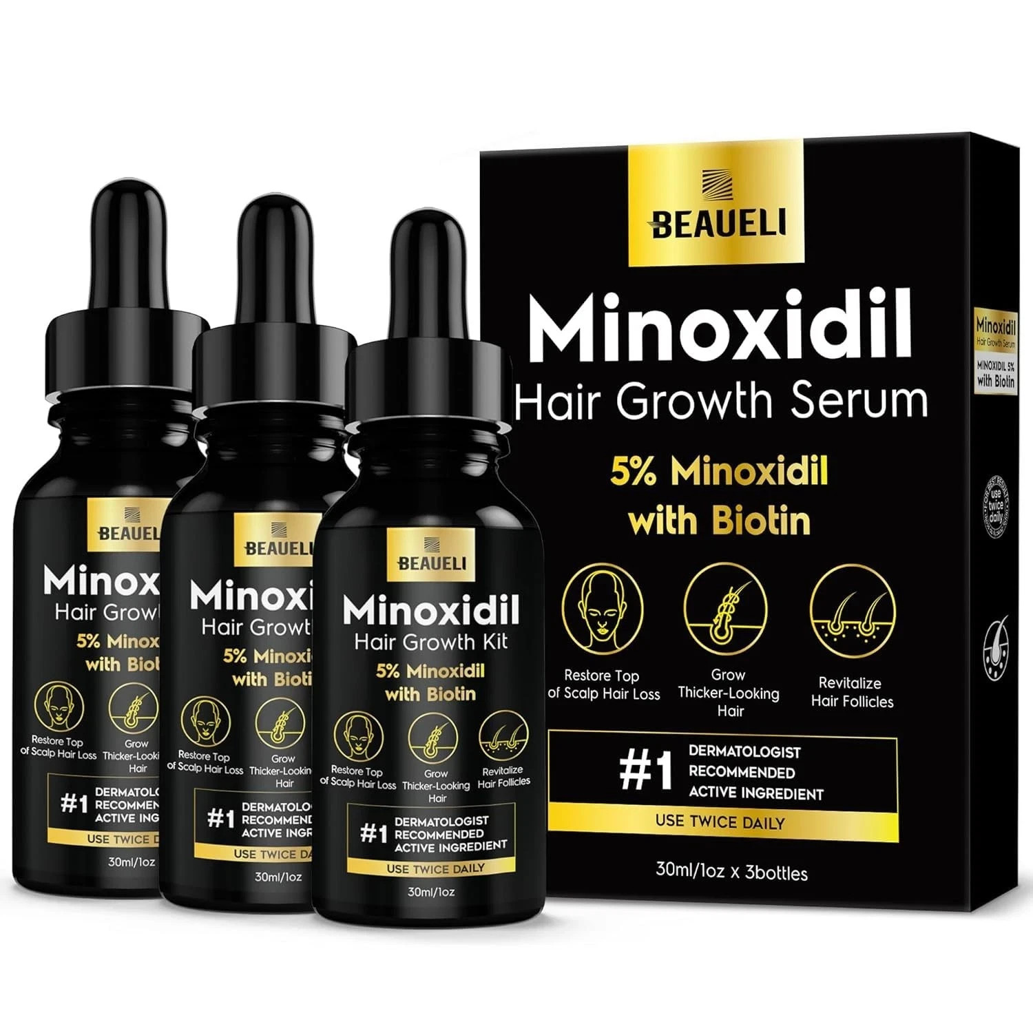3 pk Beaueli 5% Minoxidil for Men Women, Hair Beard Growth, Regrowth, Unscented
