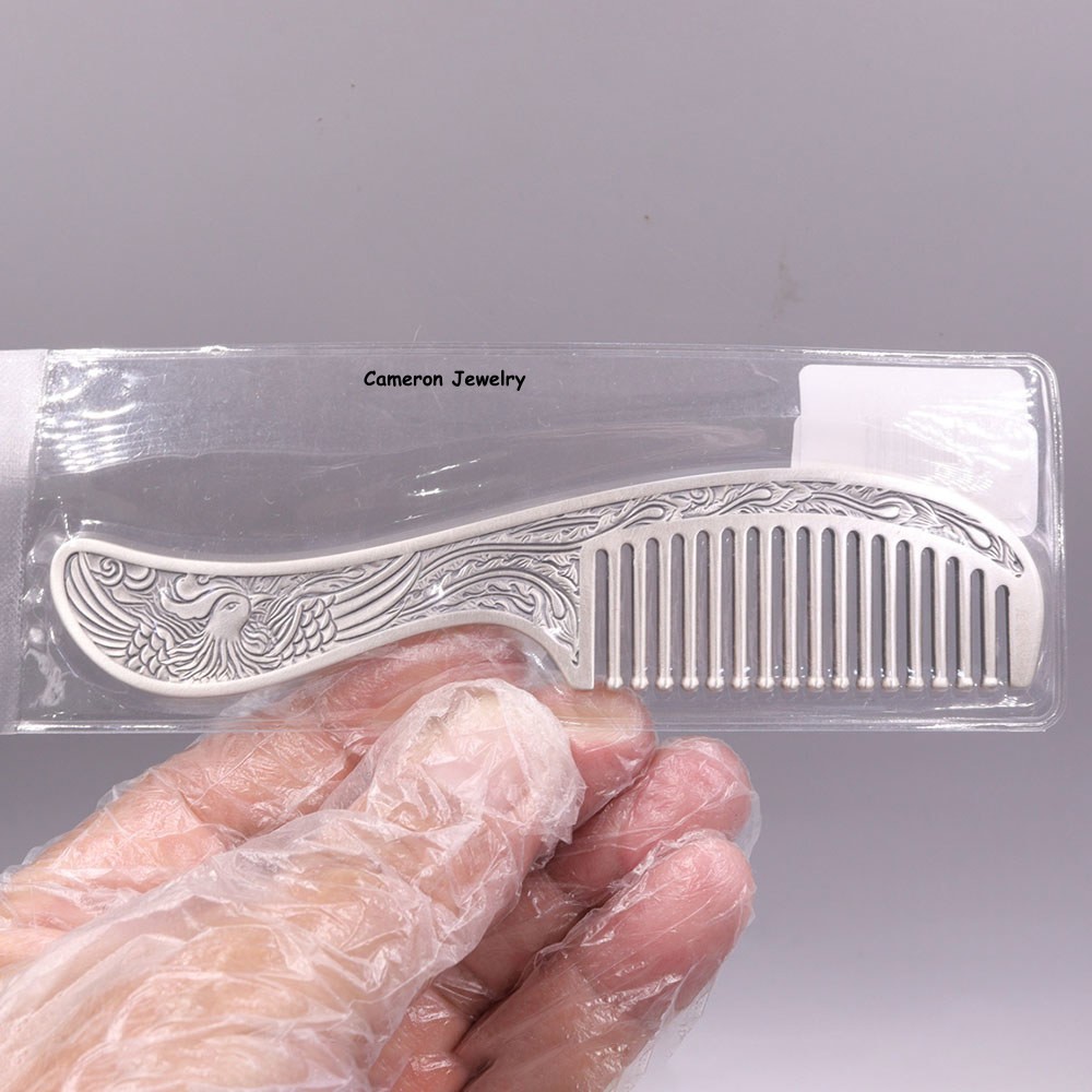 Pure S999 Fine Silver Comb Women Health Dragon Phoenix Hair Comb 40-41g 4.88in