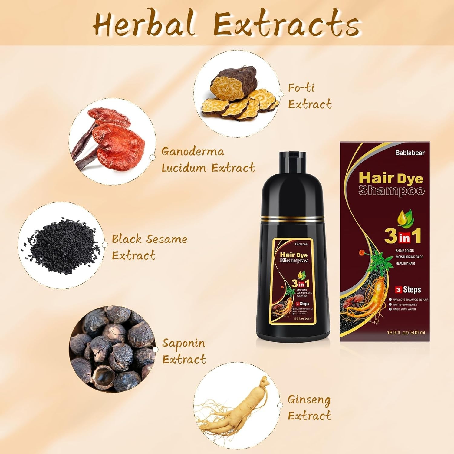 Hair Dye Shampoo for Gray Hair Coverage, 3 in 1 Natural Black Dye for Women Men
