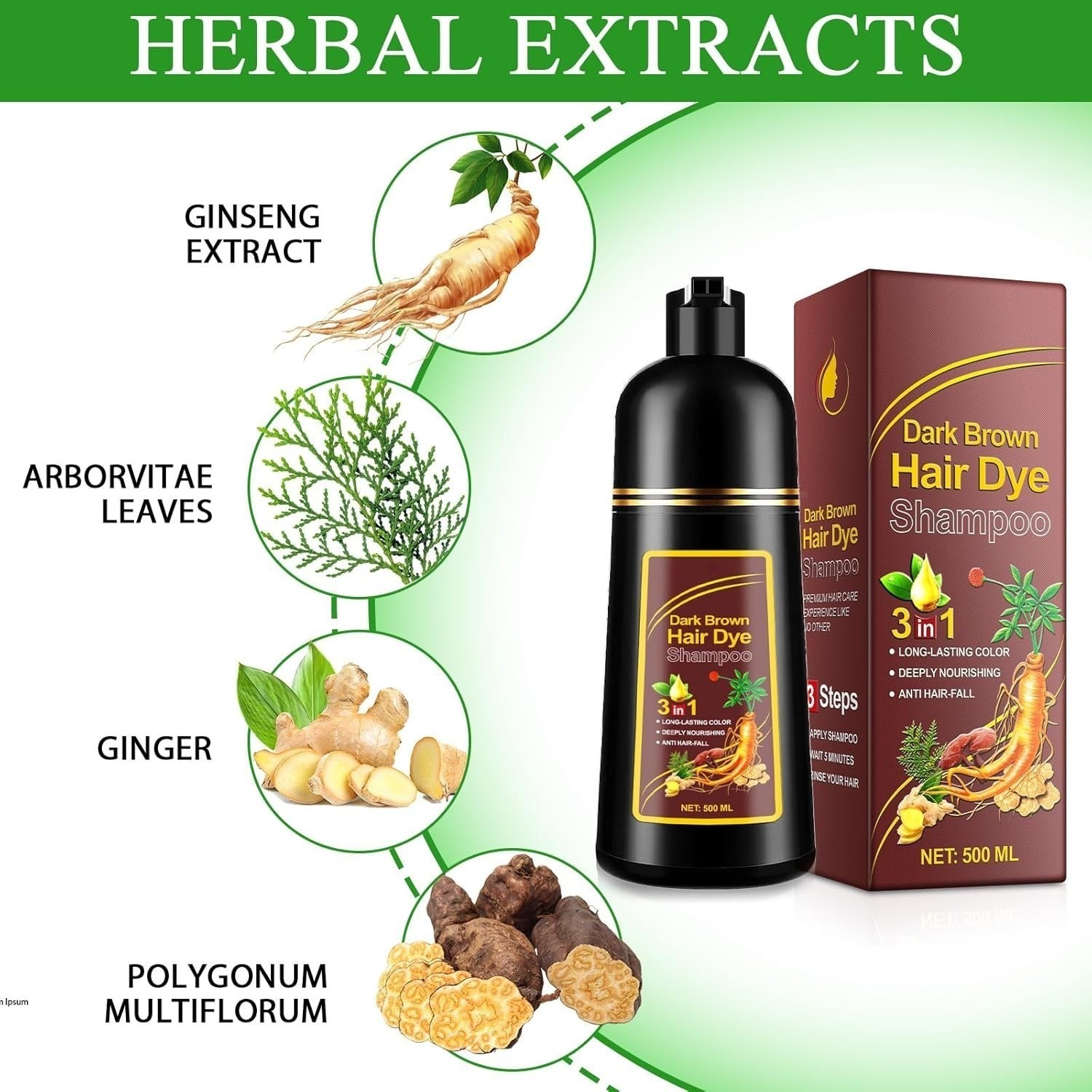 Black Hair Dye Shampoo 3 in 1 Instant Color Herbal Ingredients for Men/Women US
