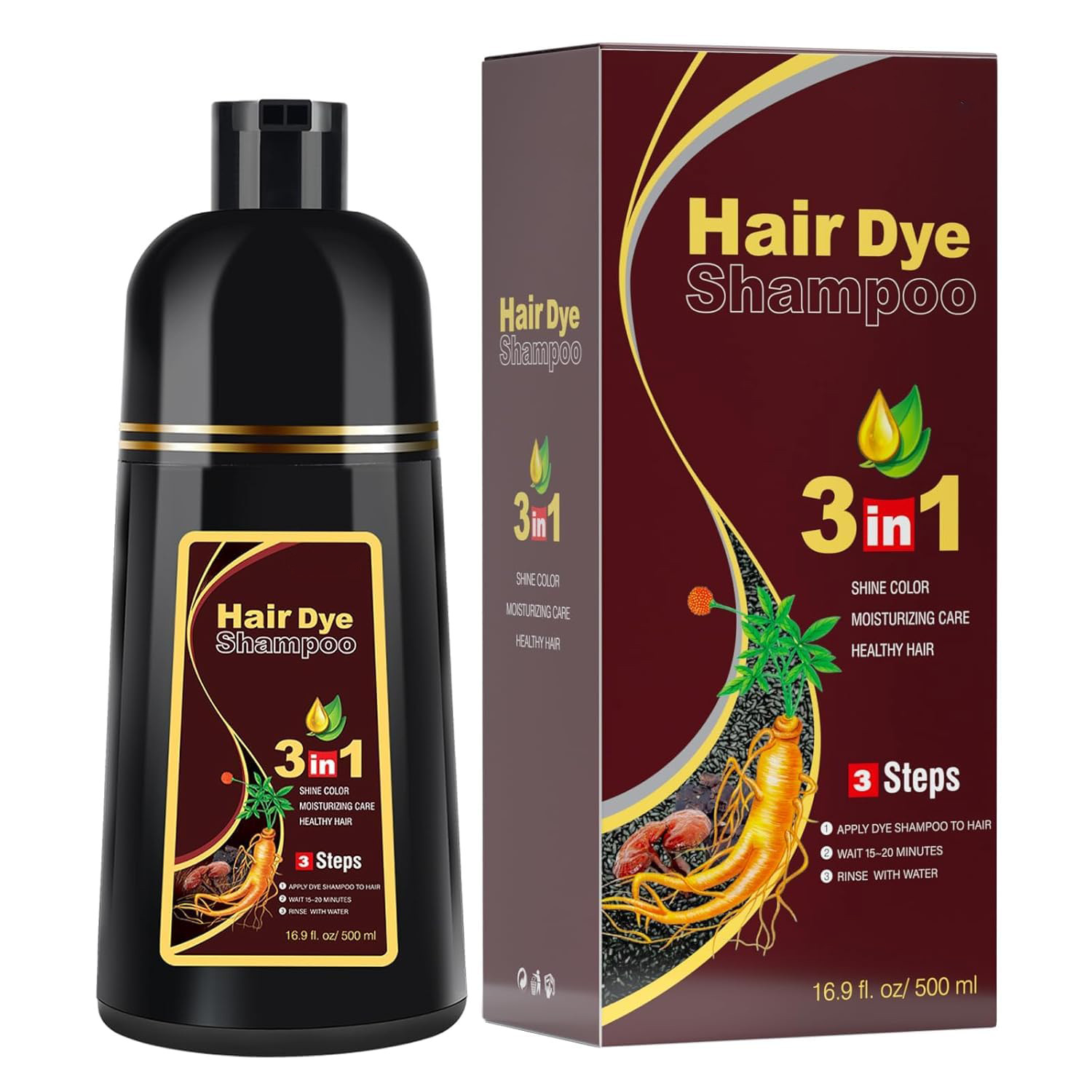 Hair Dye Shampoo for Gray Hair Coverage, 3 in 1 Natural Black Dye for Women Men
