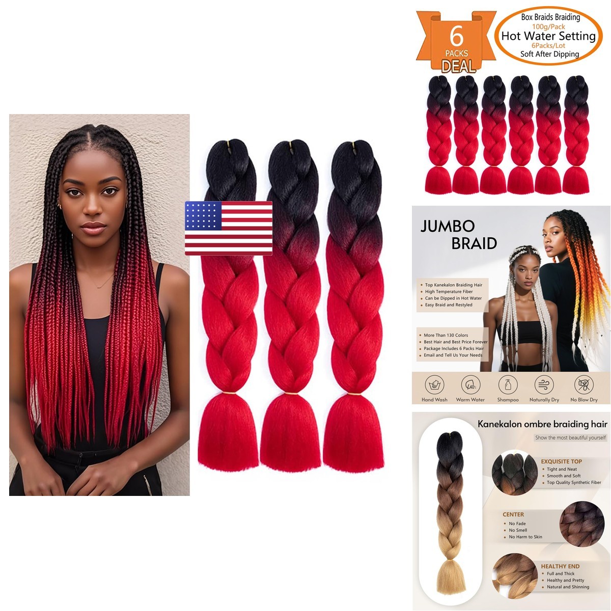 SHUOHAN 6 Packs Ombre Jumbo Braiding Hair Extensions 24 Inch Synthetic (Black