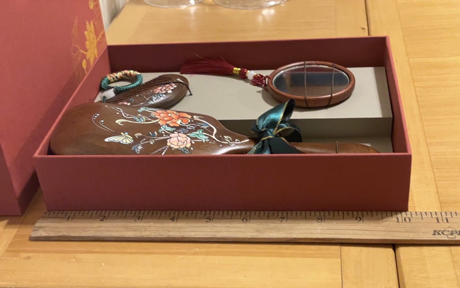 Tan Mujiang Wooden Comb Mirror Set Luxury Gift Box Chinese Lacquer Art Peony