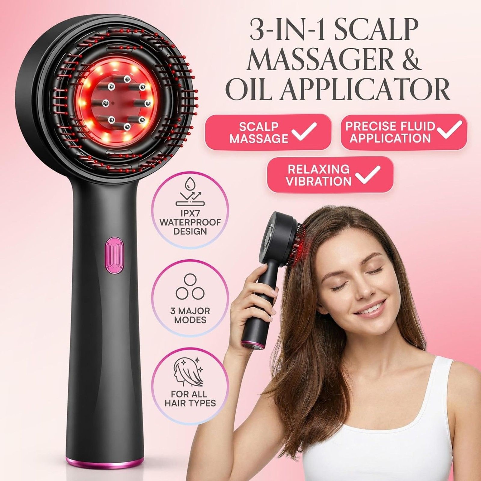 3-in-1 Electric Scalp Massager & Hair Oil Applicator Waterproof Brush