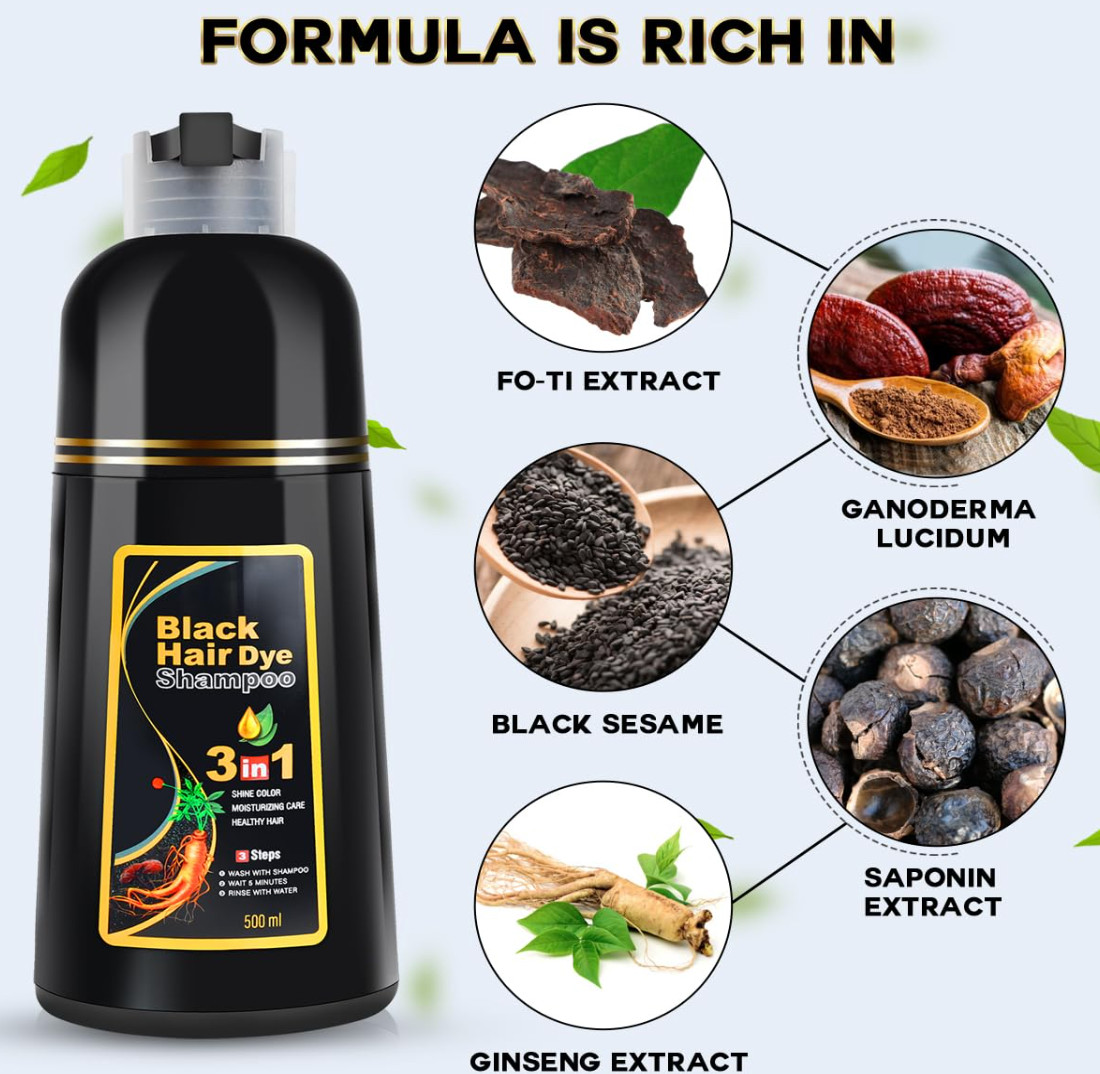 Black Hair Dye Shampoo 3 in 1 for Women/Men for Gray Coverage Instant Hair Color