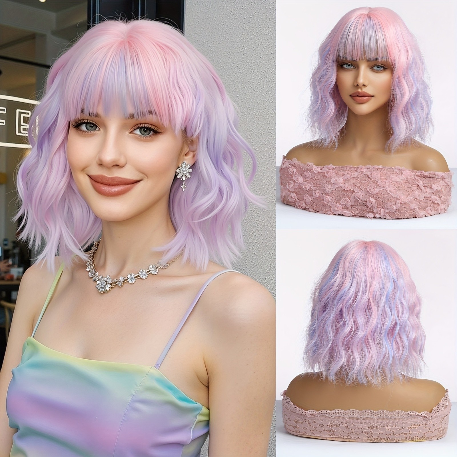 Pink And Purple Highlights Bob Wig with Bangs Short Curly Bob Wig Daily Party