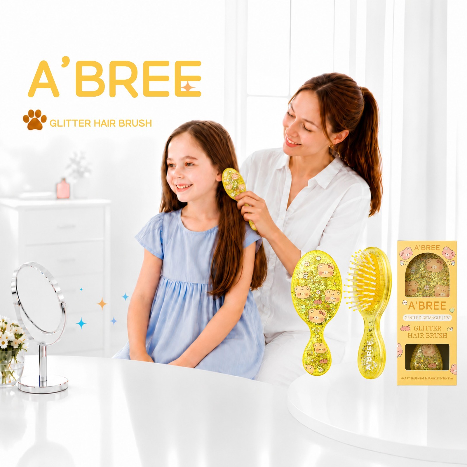 A’BREE Mini Glitter Detangling Hair Brush for Kids Girls Women_Sunny Yellow
