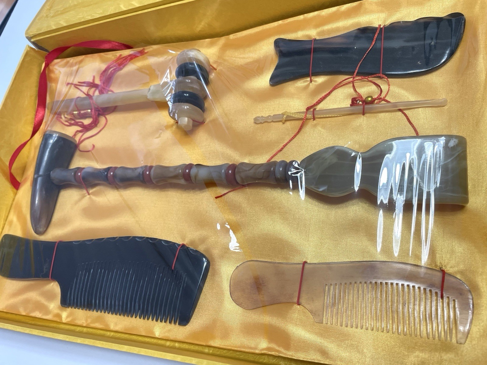 NEW Vtg Traditional Chinese Health Massage Grooming Set 1980s Buffalo Horn Combs