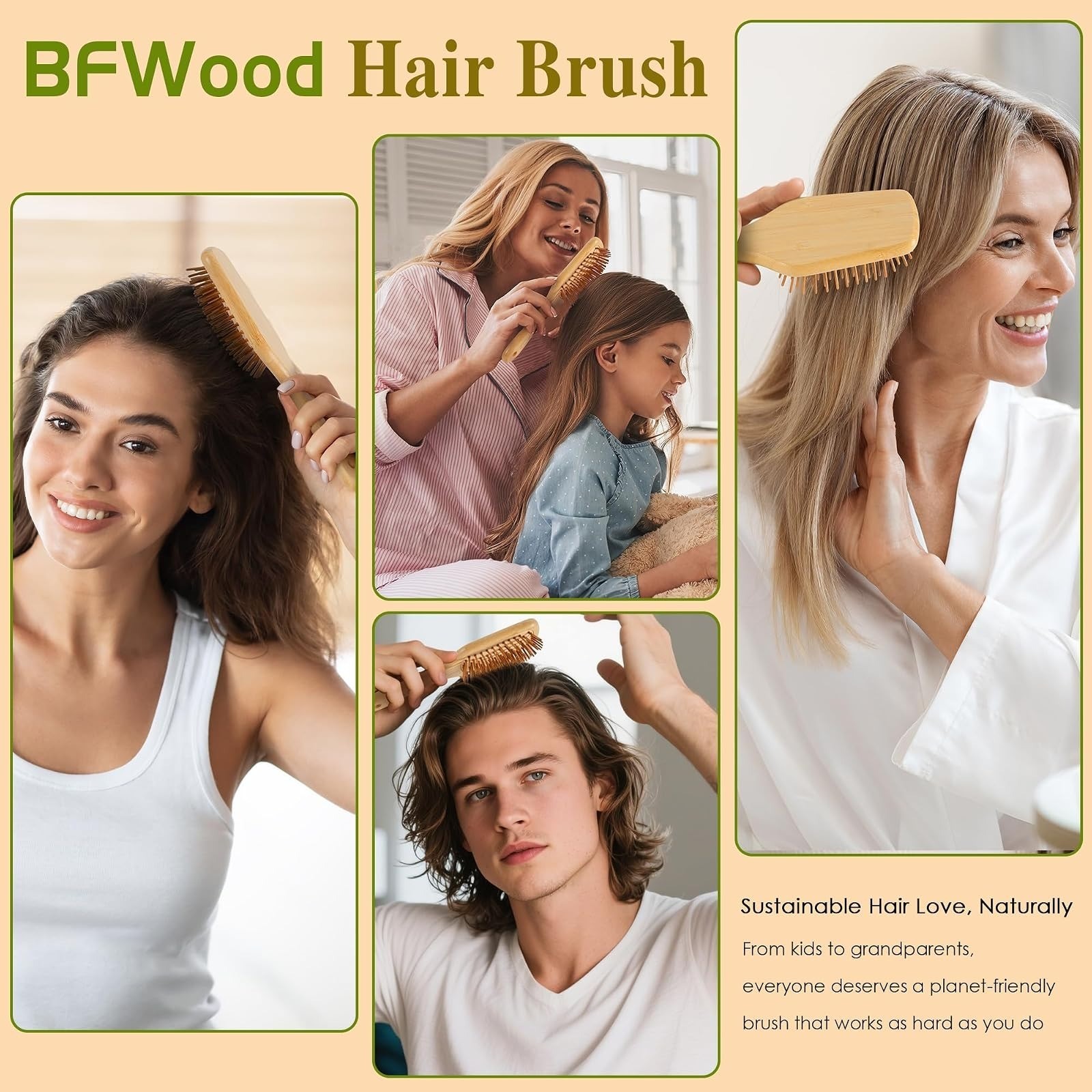 BFWood Bamboo Paddle Hair Brush Detangling Scalp Massage Anti-Static