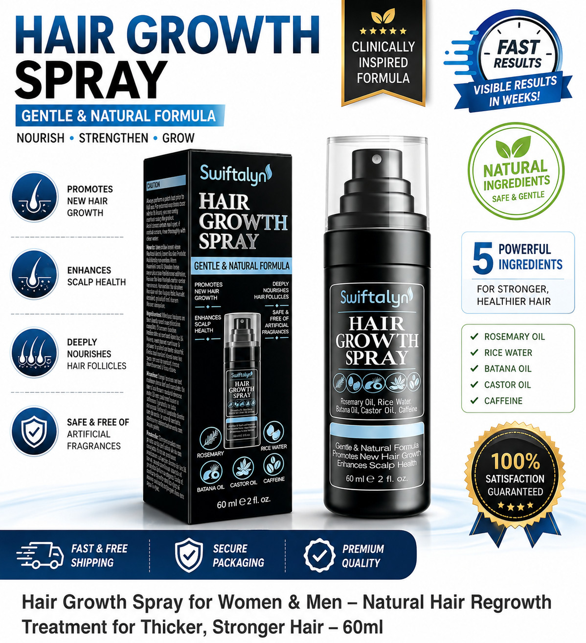 Swiftalyn Hair Growth Spray Batana Rosemary Oil Rice Water Anti Loss Serum 60ml