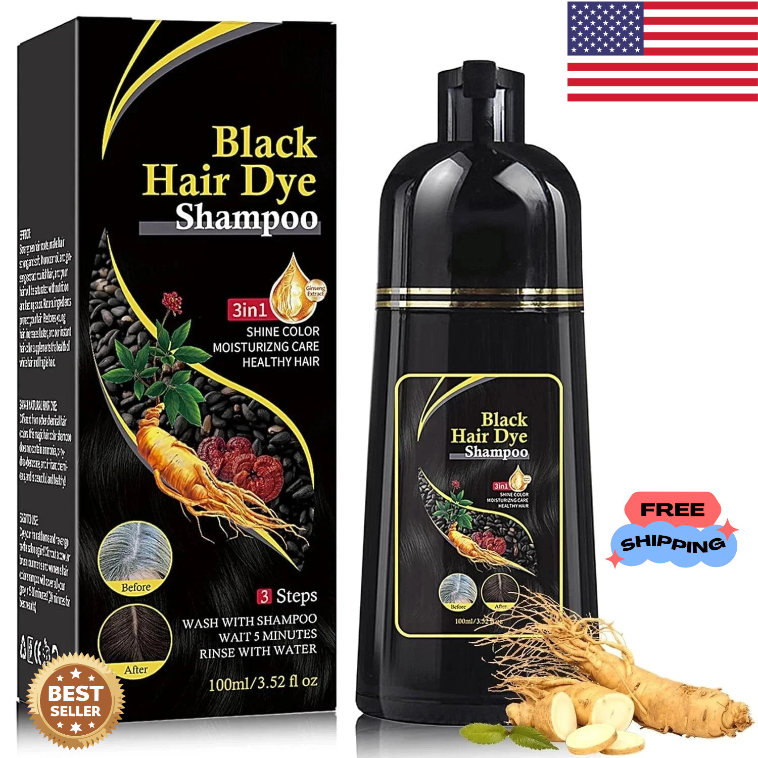 Instant Black Hair Dye Shampoo for Women & Men,3 in 1 Magic Hair Color Shampoo