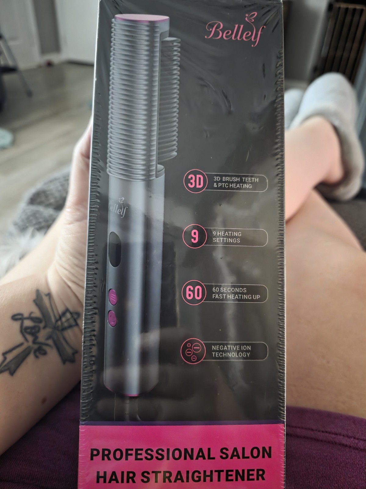 Bellef Straightening Brush 9 Heat Settings Instant Heat Negative Ion Black/Pink