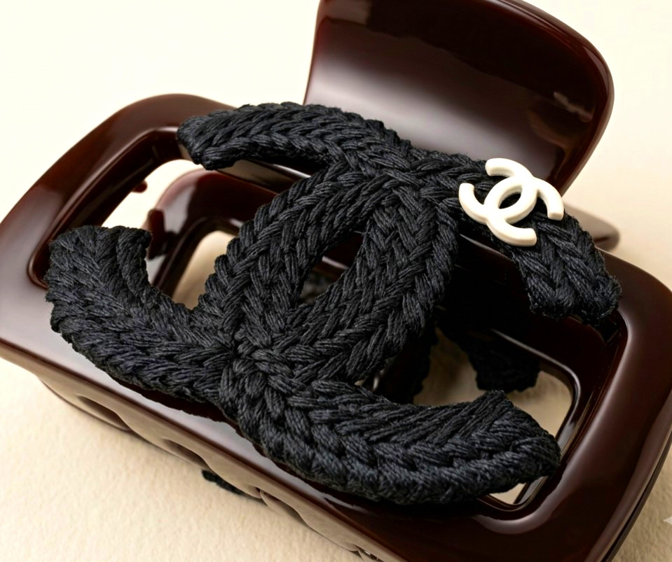 Hair Claw Clip Brown Plastic w/ Black Braided Detail & White Logo