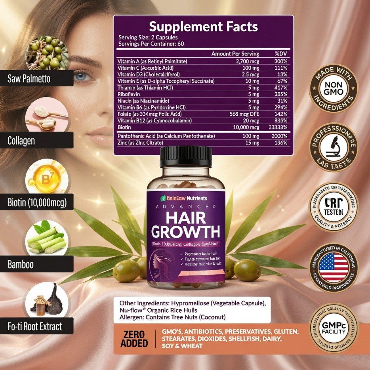 Rainbow Nutrients Advanced Hair Support – Biotin 10,000mcg+Collagen,120 Capsules