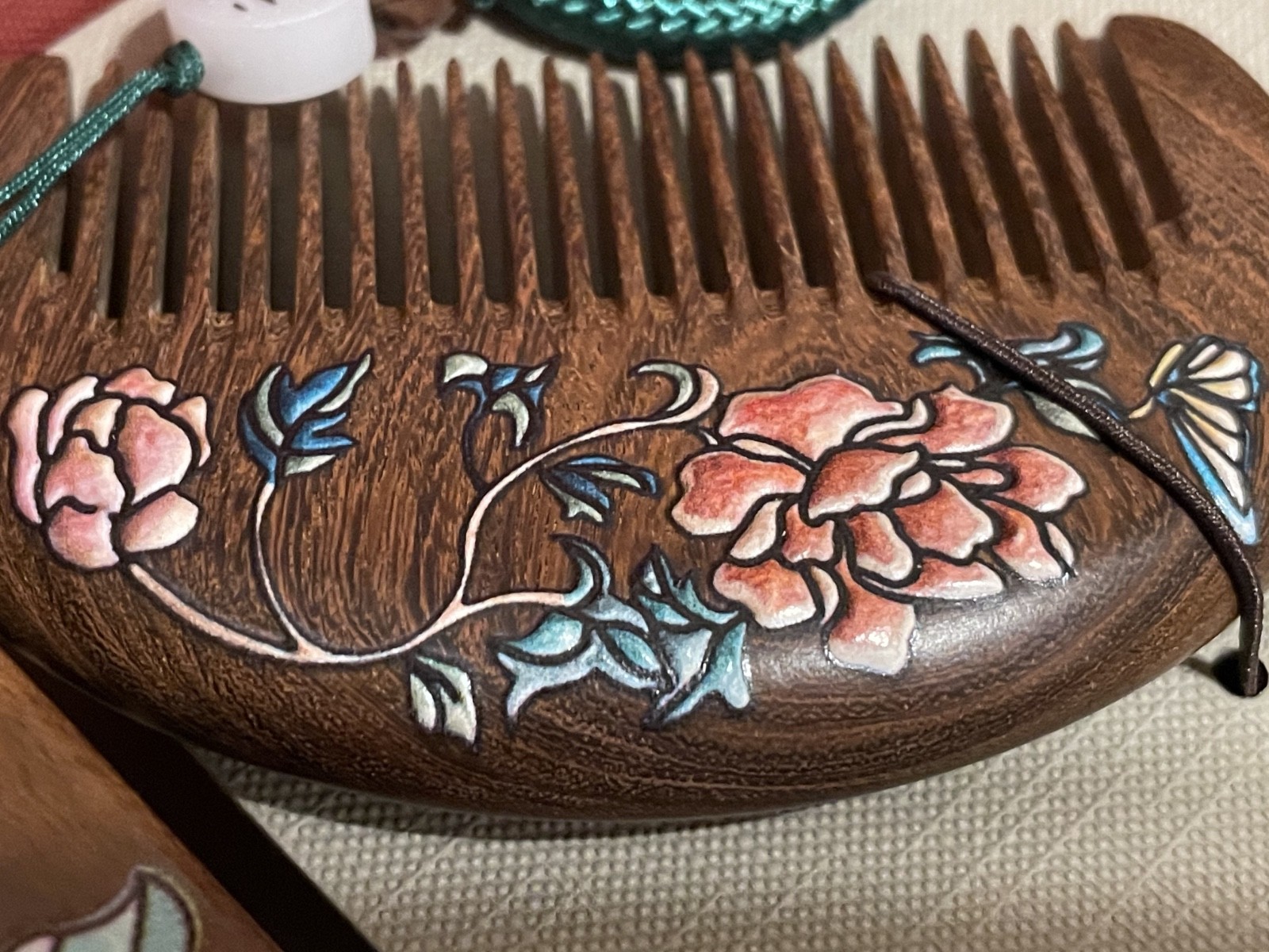Tan Mujiang Wooden Comb Mirror Set Luxury Gift Box Chinese Lacquer Art Peony