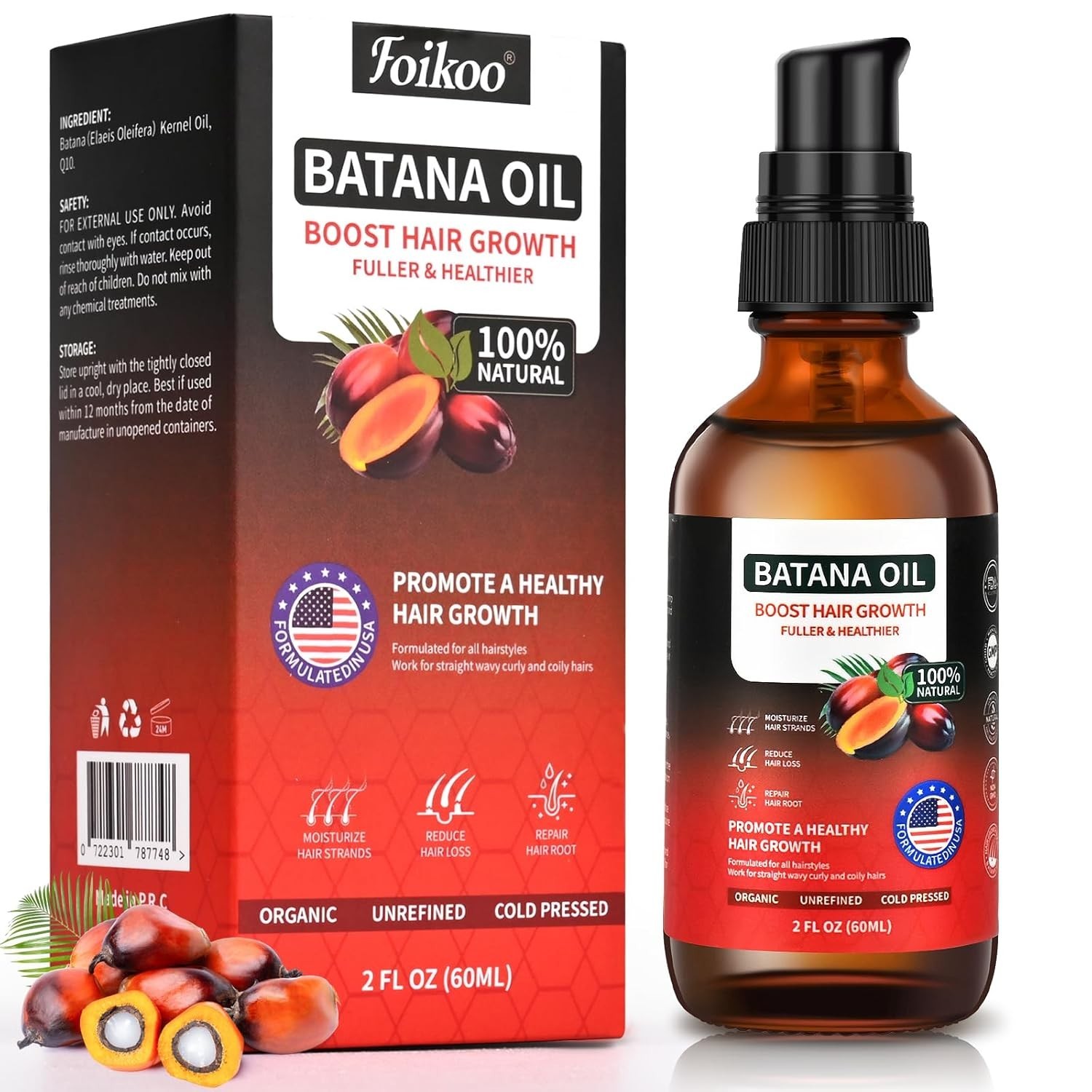 Foikoo Batana Oil Spray Hair Growth, 100% Natural Pure Dr Sebi Organic 2 Fl Oz