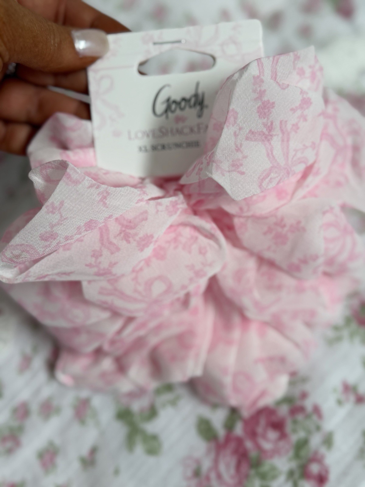 Loveshackfancy Pink & White Floral Fabric Scrunchie w/ Scarf, 13 in (3002937)